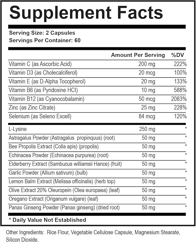 L-Lysine + Cold Sore Immune Support Supplement – with Vitamin C, Zinc, Bee Propolis, Lemon Balm & 9-in-1 Herbal Complex – Promotes Lip & Skin Health – Antioxidant Immune Formula – 120 Ct