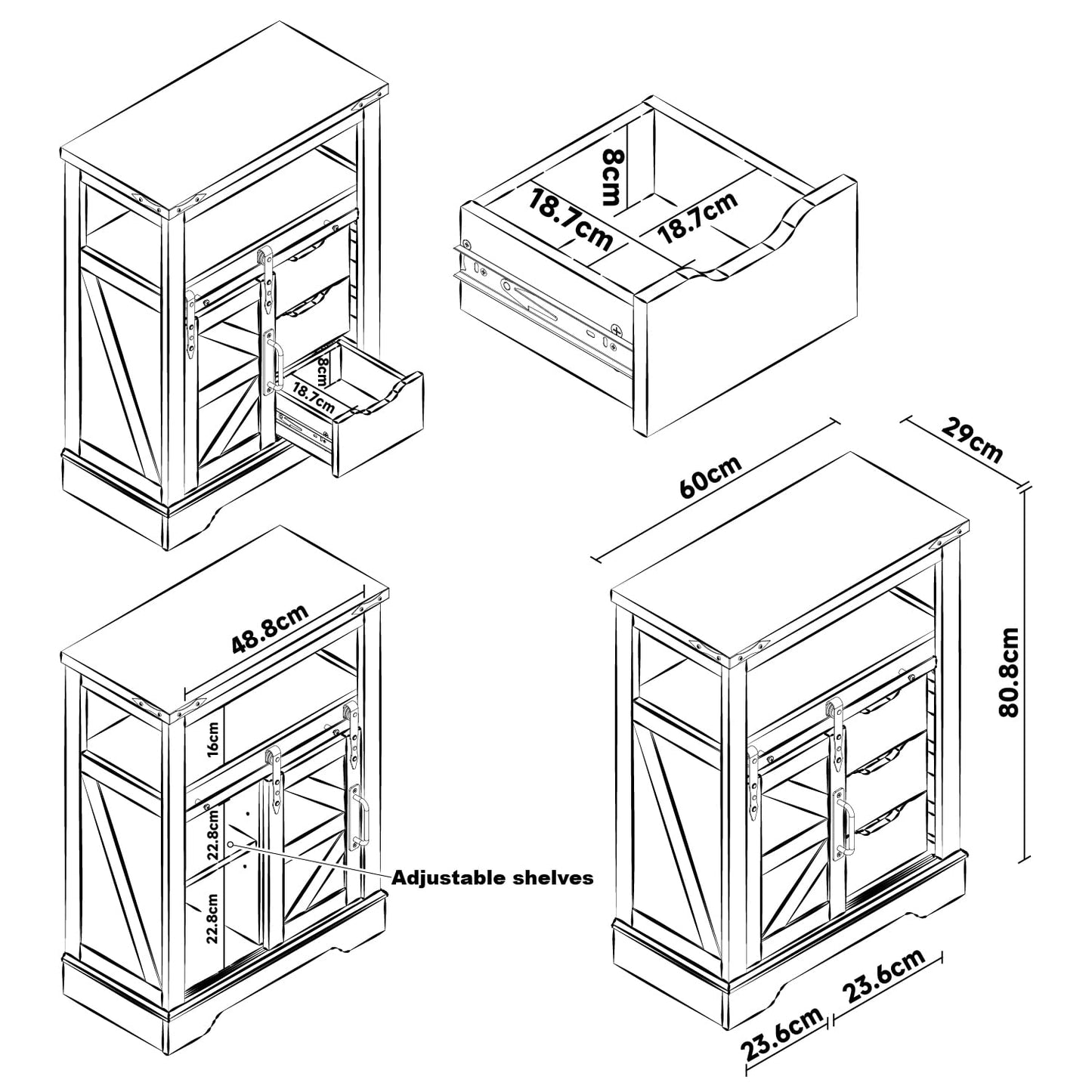 Panana Farmhouse Bathroom Floor Cabinet, Sliding Barn 3 Drawers & 1 Door Freestanding Small Storage Cabinet for Bathroom, Kitchen (Black)