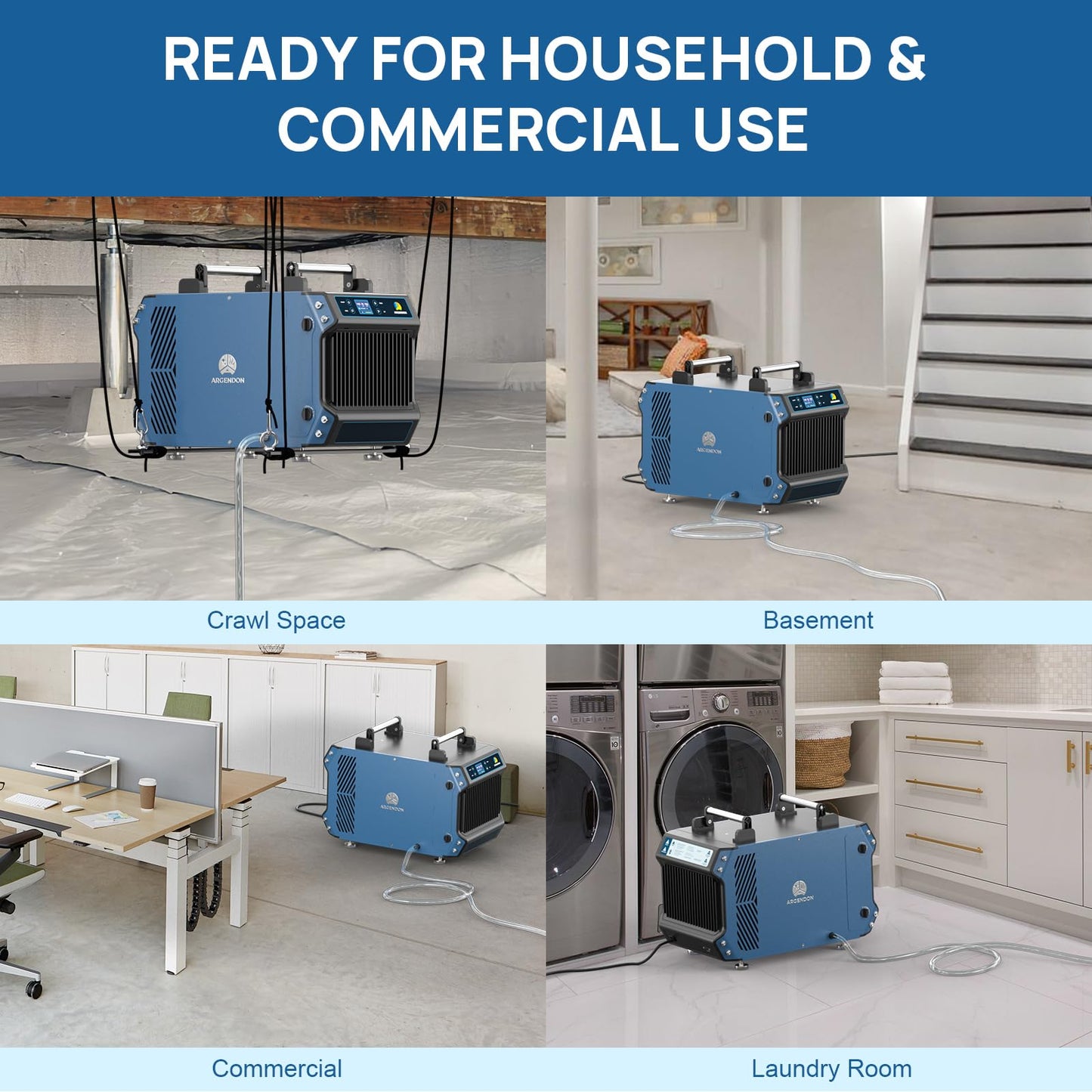 ARGENDON 145 Pint Crawl Spaces Dehumidifier with Pump, Commercial Dehumidifier with Drain Hose for Basement, Auto Defrost, Compact, Large Spaces up to 1800 Sq.Ft, 5 Years Limited Warranty