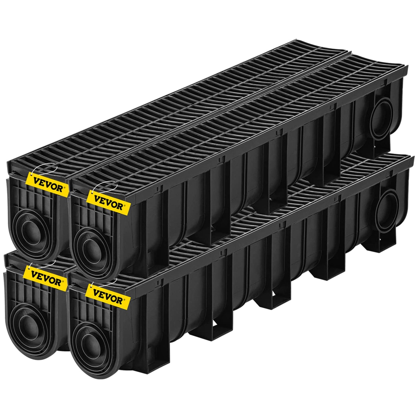 VEVOR Trench Drain System 4 Pack, Channel Drain with Plastic Grate 5.9 x 7.5 in HDPE Drainage Trench, Black Plastic Garage Floor Waterway 4 x 39 in with 4 End Caps for Garden Driveway