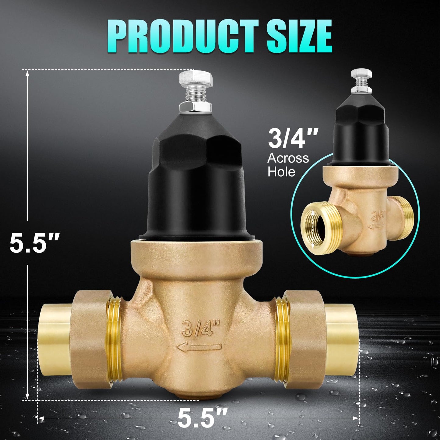 NR3XLDU 3/4" Brass Pressure Reducing Valve With Double Union FNPT Connection, Built-In Stainless Steel Filter, Primarily Used In Residential Settings And Public Entrances