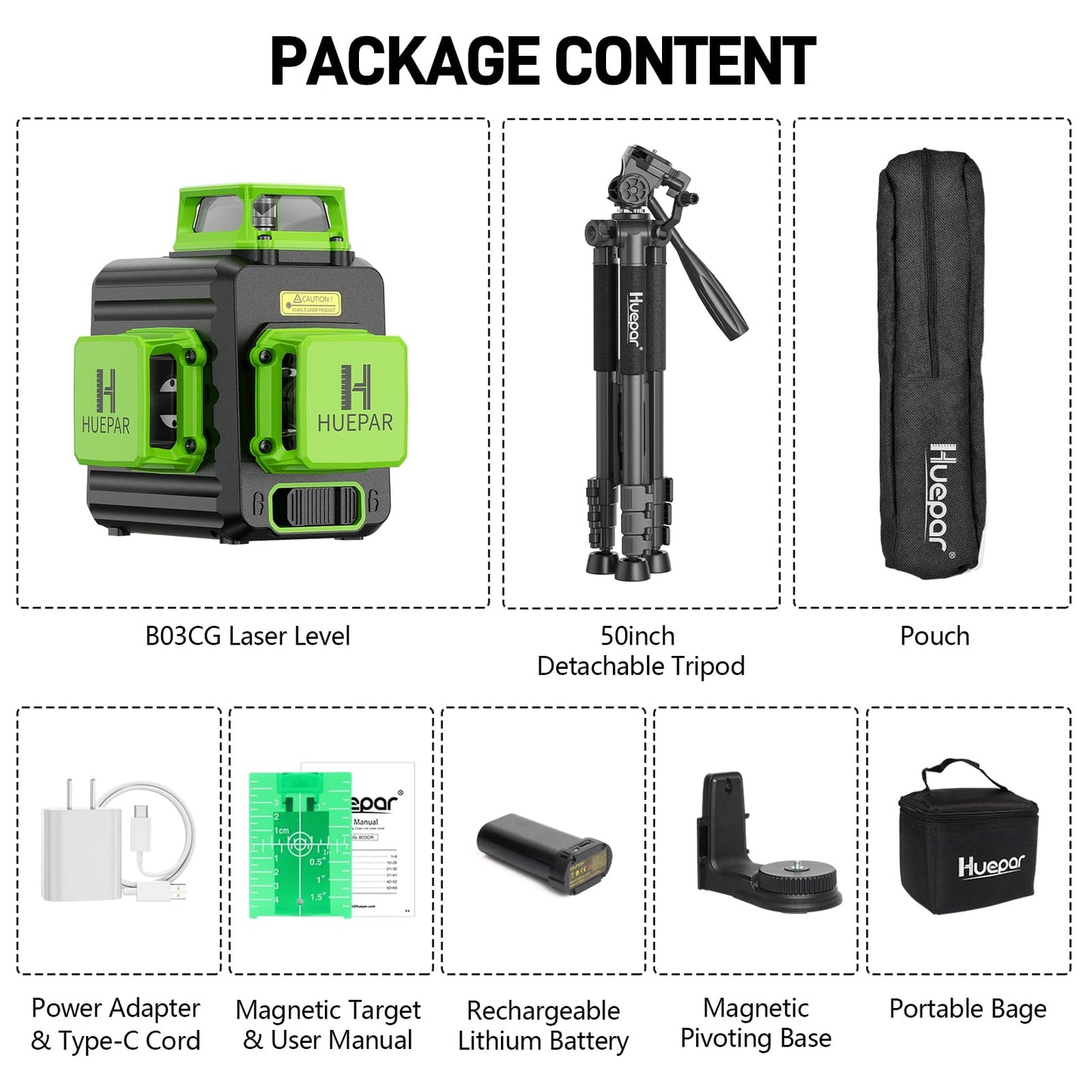 Laser Level 360 Self Leveling with 50" Tripod, Huepar 3x360° High Brightness Green Laser Leveler Tool for Construction, Tile and Picture Hanging, 5200 mAh Li-ion Battery & 2 Portable Bag Included