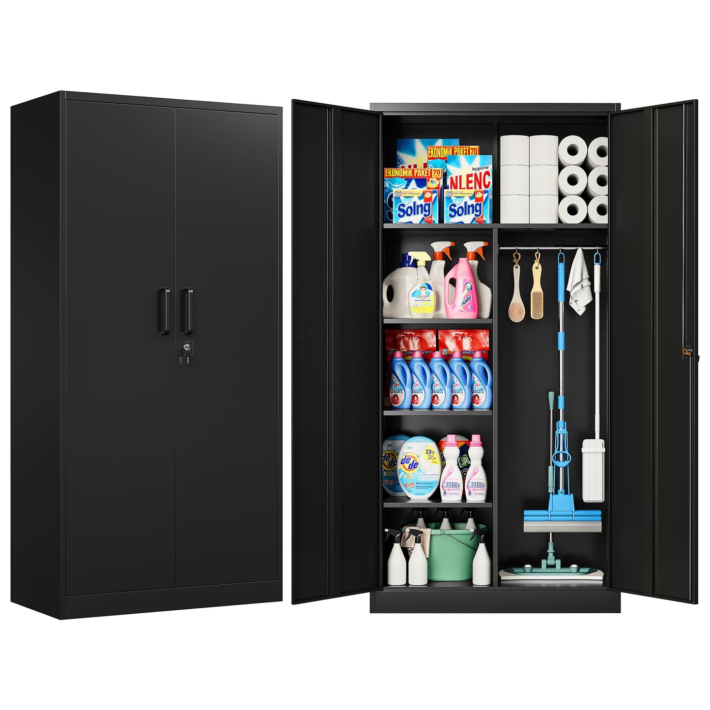 Wide & Deep Metal Storage Cabinet with Hanging Rod,Black Broom Closet Storage Cabinet with Lock,72" Tall Wardrobe Cabinets with Doors and Shelves,Locking Steel Tool Cabinets for Home,Office,Garage
