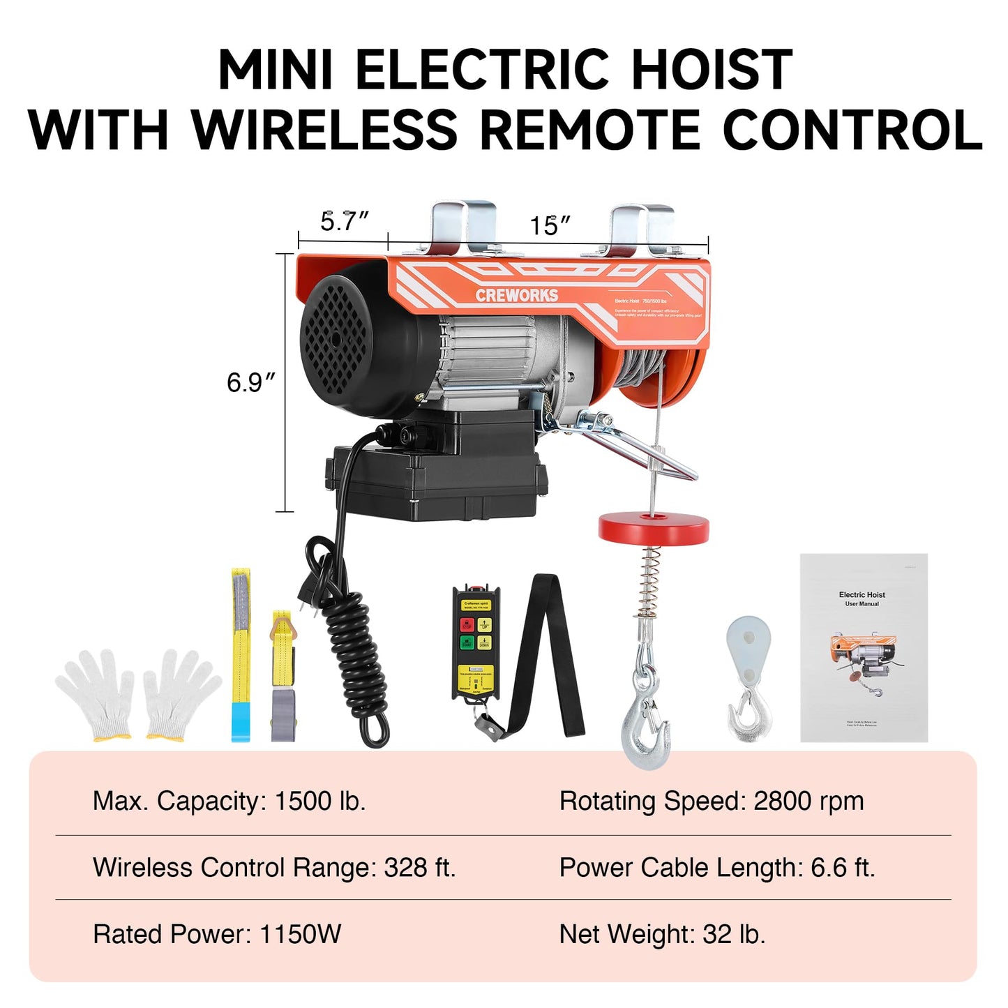 CREWORKS Electric Hoist, 1500lbs Electric Hoist with 328ft Wireless Remote Control 39ft Single Cable Lifting Height, 1150W Single Double Slings Hoist Lift Ceiling Winch for Factory Warehouse Garage