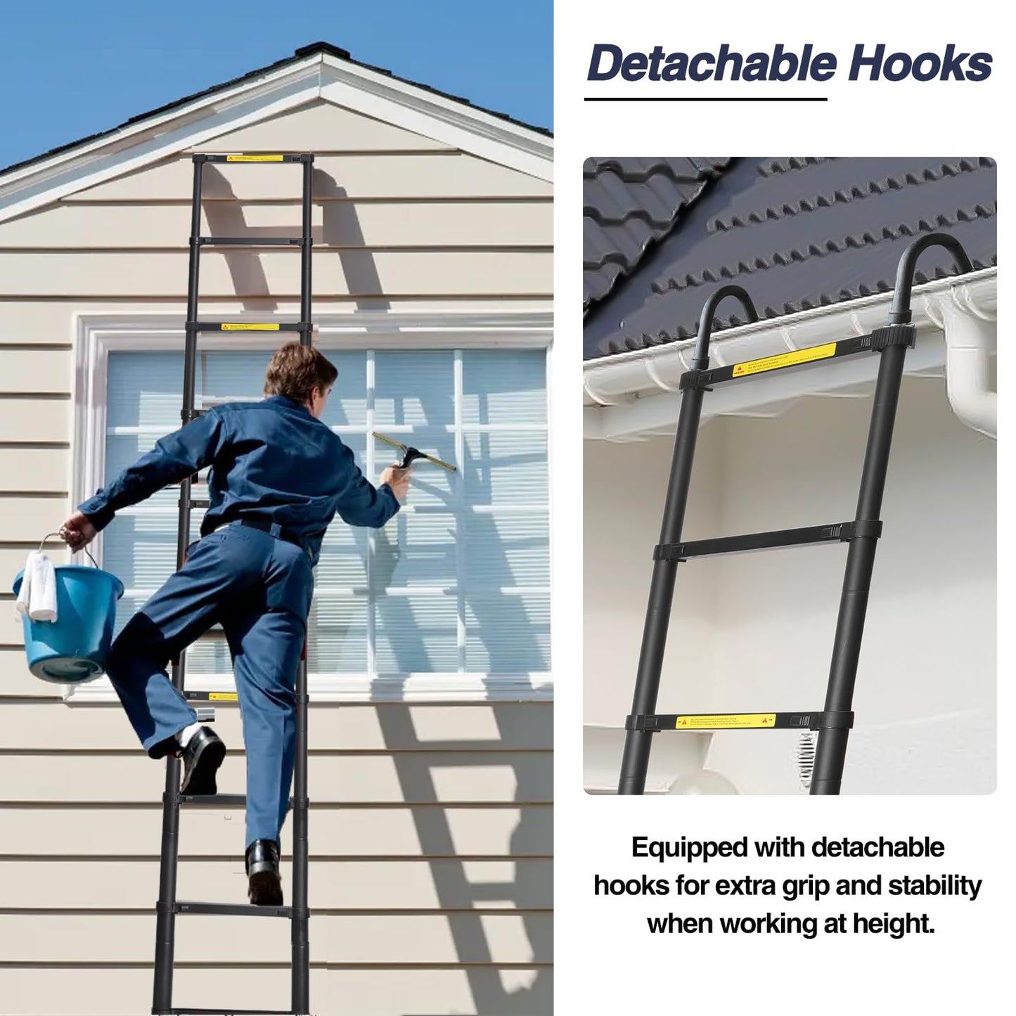 BOCOM 14.5 FT Aluminum Telescoping Ladder with Hooks, Lightweight Multi-Purpose Collapsible Extension with 2 Triangle Stabilizers, Heavy Duty 330 lbs Max Capacity for Home, RV, and Outdoor Work Black
