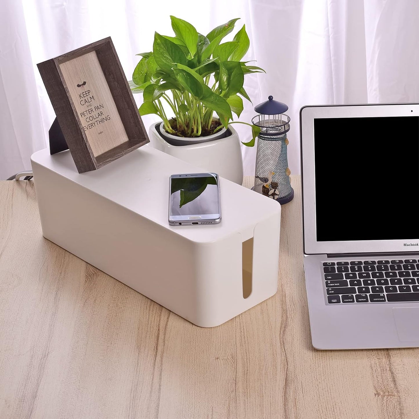 Naeety Set Cable Organizer Box of Three, Power Cover Cord Holder Surge Protector for Desk (White)