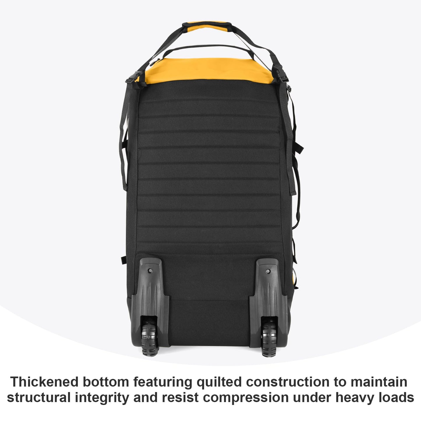 Vrtisa 85L 29“ Foldable Rolling Backpack with Wheels, Soft-side Travel Duffle Bag with Separate Shoe Compartment, Full Quilted Bottom, Yellow