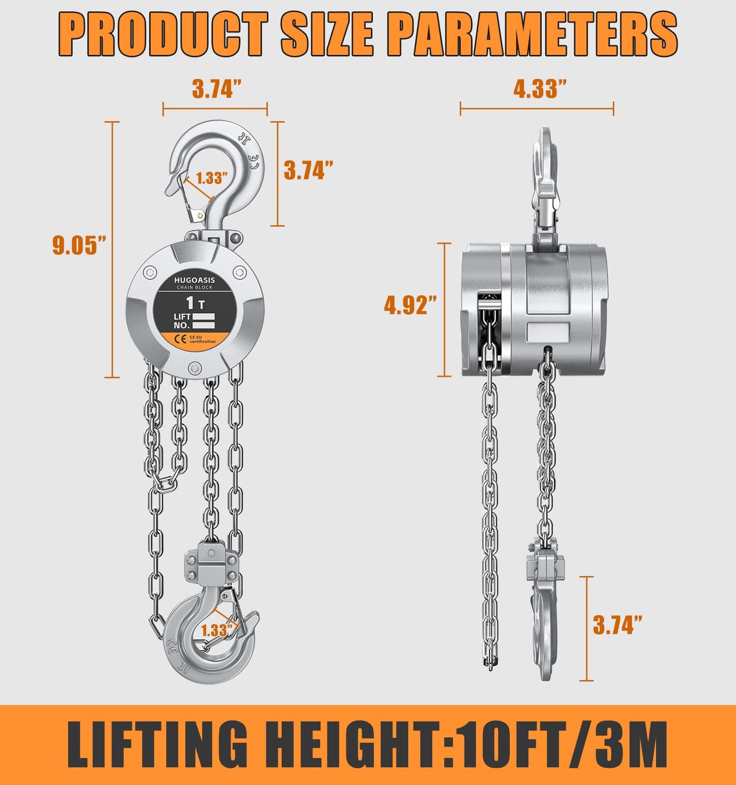 HUGOASIS Aluminum Alloy Hand Chain Hoist 1 Ton 2200lbs Capacity 10ft,Portable Dual Brake Chain Block with Galvanized Chain, 360° Swivel Hook for Garage Warehouse Construction, Workshop Lifting,Sliver