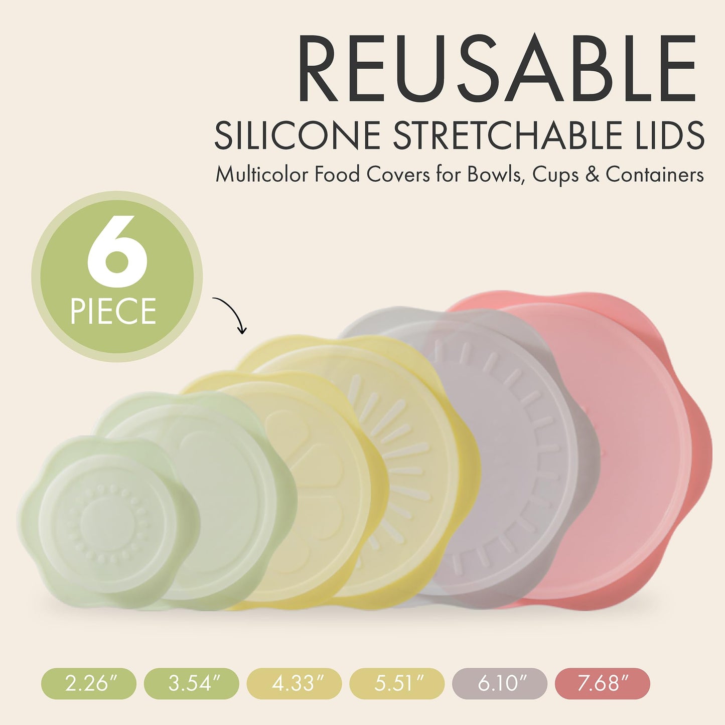 Reusable Silicone Stretchable Lids – 6‐Piece Multicolor Food Covers for Bowls, Cups & Containers – Airtight, Leak‑Proof, BPA‑Free, Microwave/Dishwasher/Freezer Safe – Green Hearth