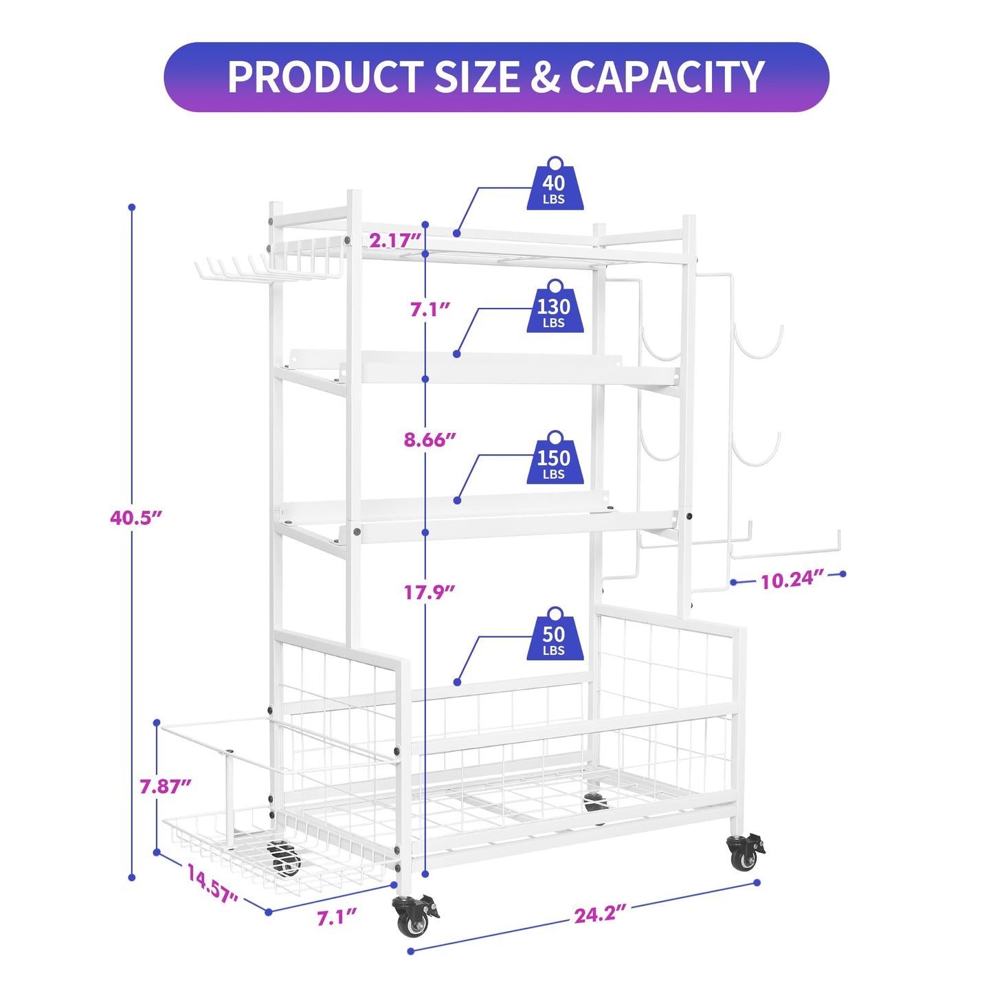 Rumizira Dumbbell Rack, Weight Rack for Home Gym Dumbbells, Adjustable Barbell Rack for Kettlebells Yoga Mat & Balls, Sports Equipment Organizer Storage Rack with Wheels for All in One Workout,White