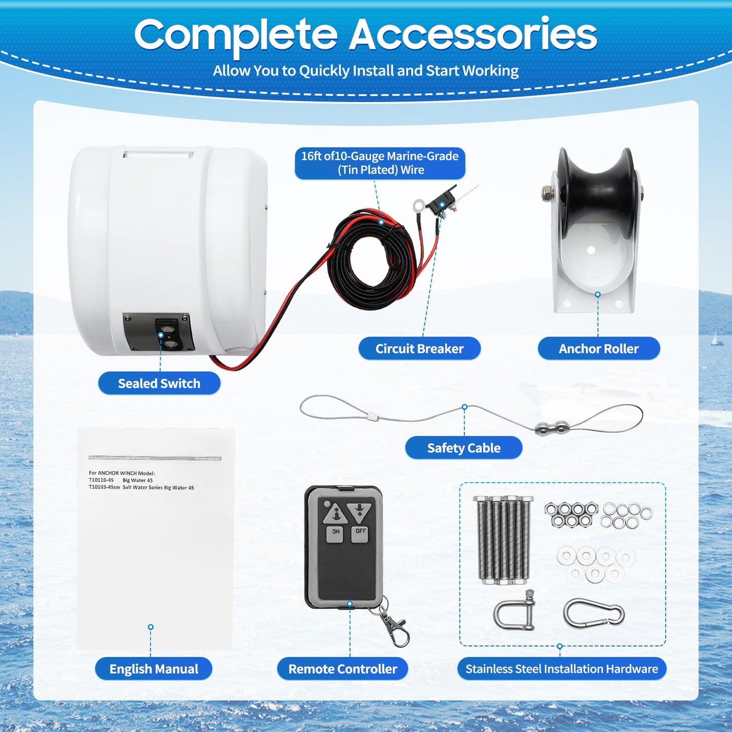 CUBELLIN 12v Electric Boat Anchor Winch 45lbs Capacity Boat Anchor Winch with Remote Control & 100ft Nylon Rope Saltwater Boat Windlass Kit for 24ft Fishing Vessel