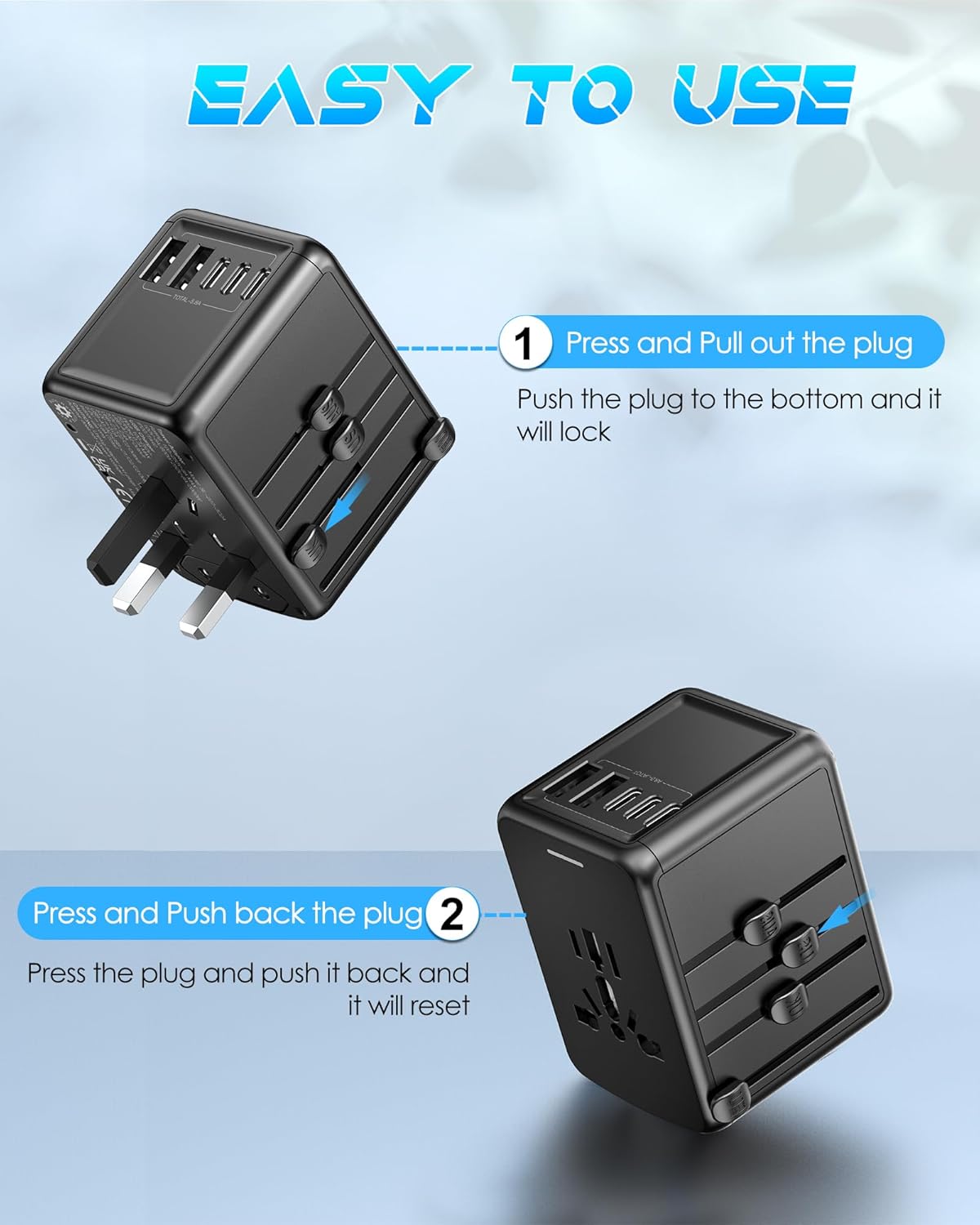URJD 6.0A 30W 5 2500W 110V 220V 200+ Countries Universal Travel Adapter, USB C/A Ports + AC Outlets, International
