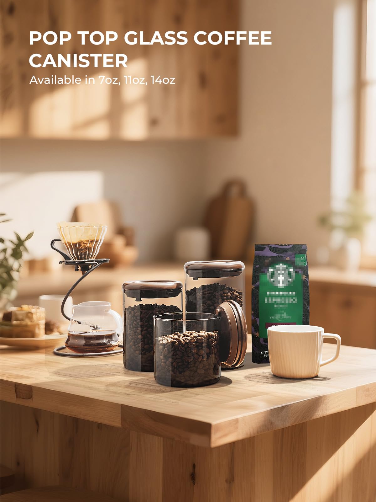 Tourdeus Ground Coffee Glass Container Airtight 10 oz – Pop Top Ground Coffee Canister with CO₂ Valve, 0.63lb Coffee Bean Container, UV Resistant