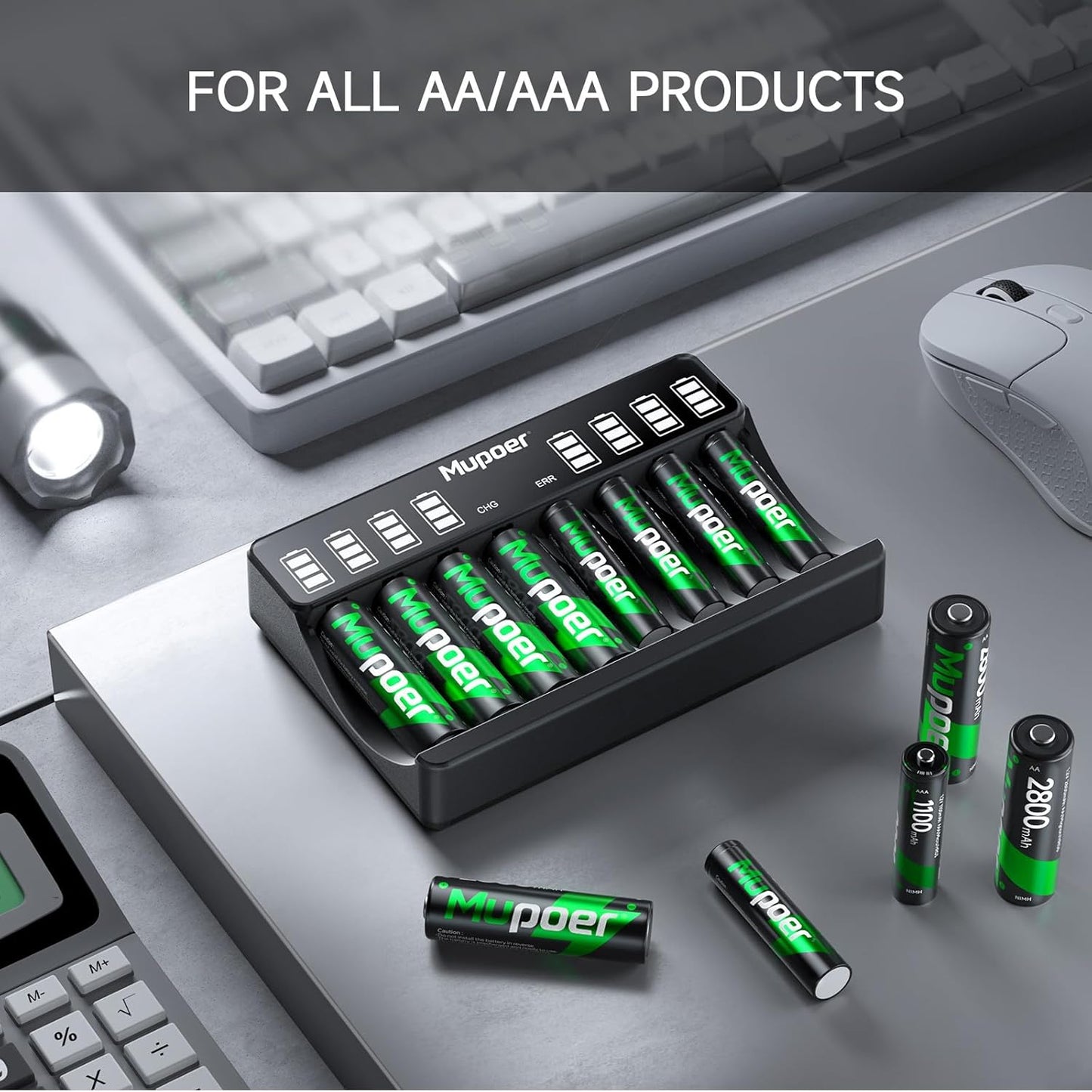 Mupoer Charger,8 Pack 1100mAh,AA Rechargeable AAA Batteries with High Capacity Ni-MH AAA Rechargeable Battery AAA