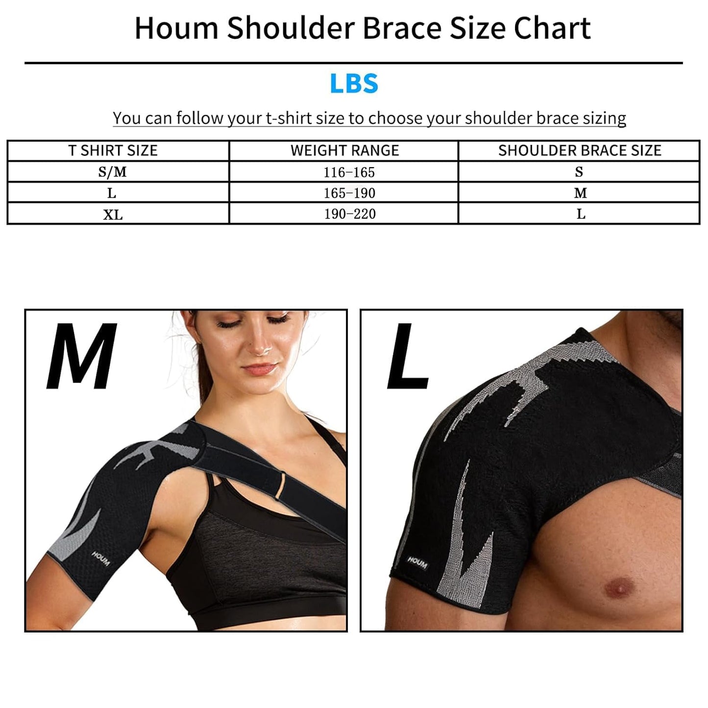 HOUM Rotator Cuff Shoulder Brace with Adjustable Compression Sleeve, Hot/Cold Pack Compatible, Breathable Shoulder Support for Pain Relief, Fits Left/Right Arm, Men & Women (Medium)