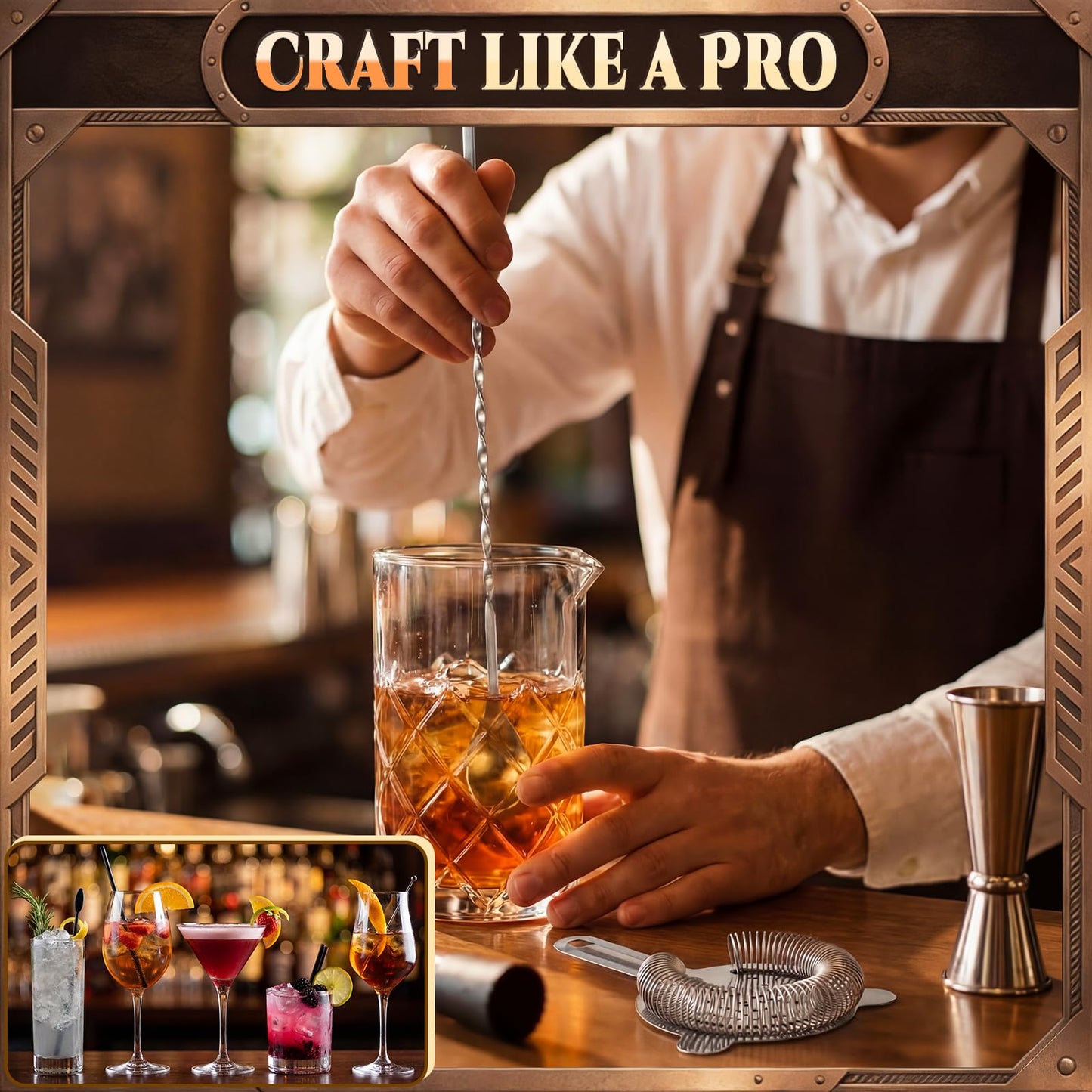 Zhehao 5 Pieces Cocktail Mixing Glass Set, Bar Cocktail Mixing Kits for Bartender 23oz Crystal Thick Bottom Glass with Muddler, Jigger, Strainer and Spoon Gifts for Men Amateurs Home & Party Supplies