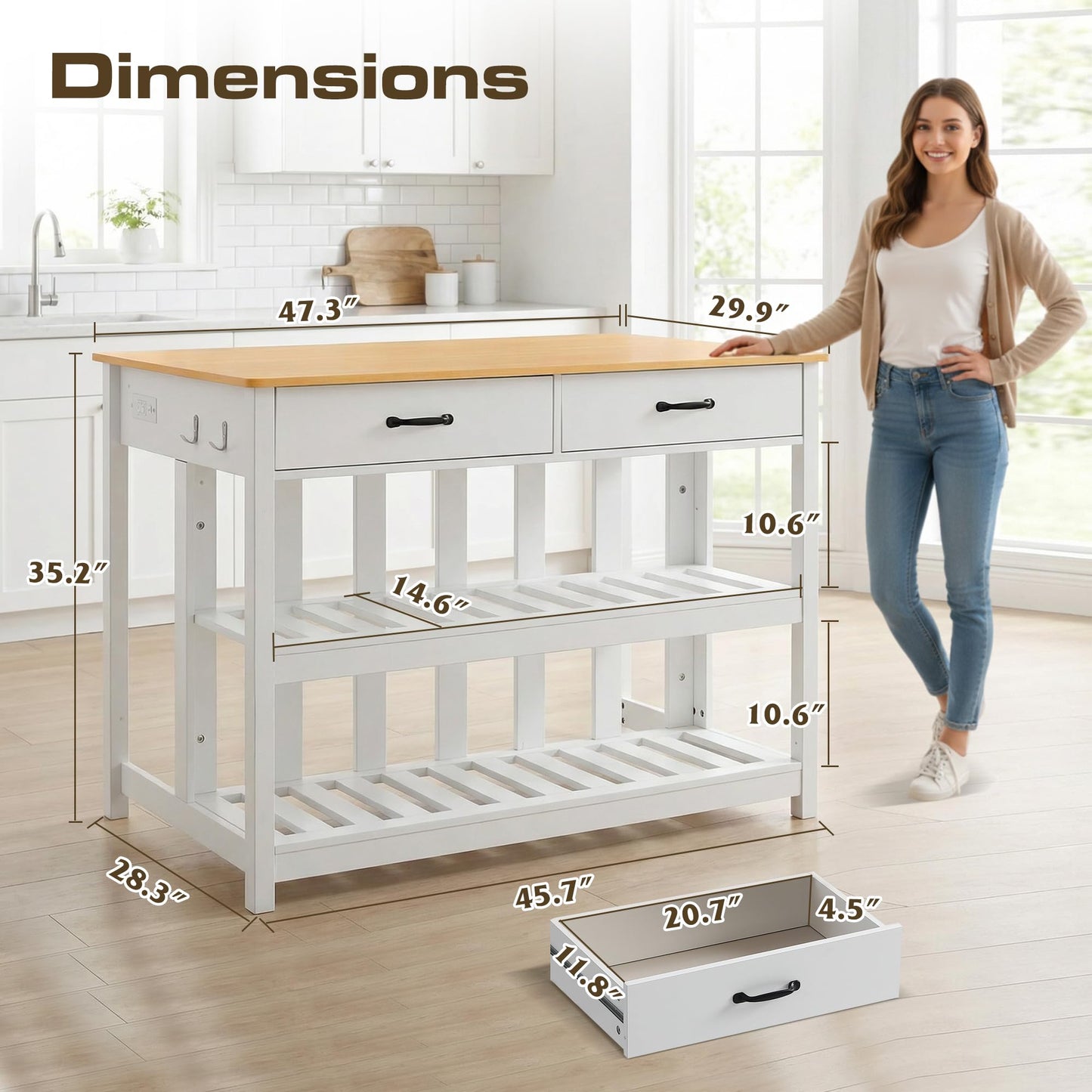Grepatio 47 Inches Kitchen Island with Storage, Wooden Island Counter with Charging Station, Island Table with Shelves, 2 Drawers and 4 Hooks for Kitchen, Living Room, Dining Room, White and Natural