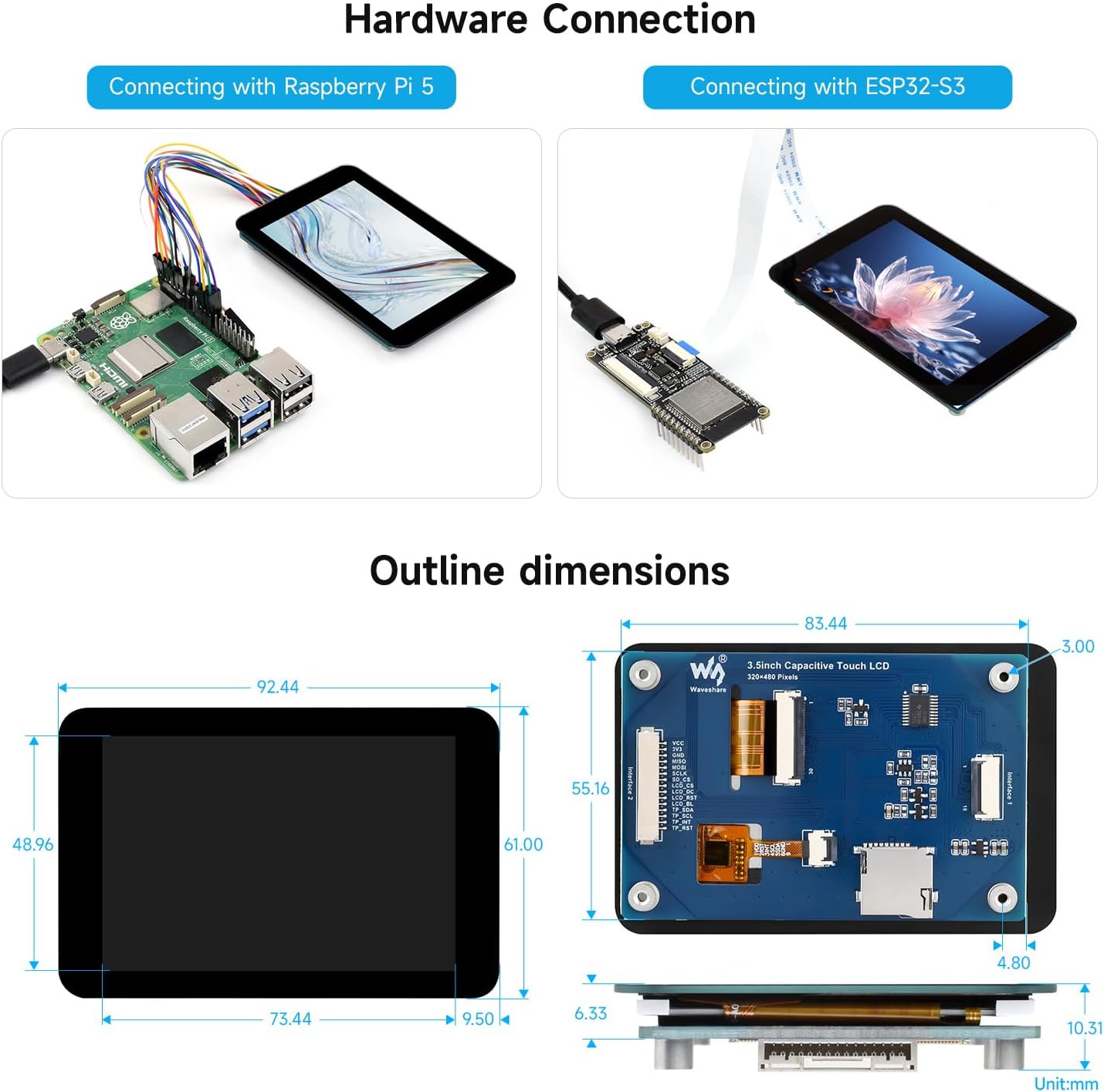 waveshare 3.5inch 5/4B/3B/Zero/Zero 2W/Pico ESP32 Arduino,320480 Capacitive Touch Display Module, Compatible