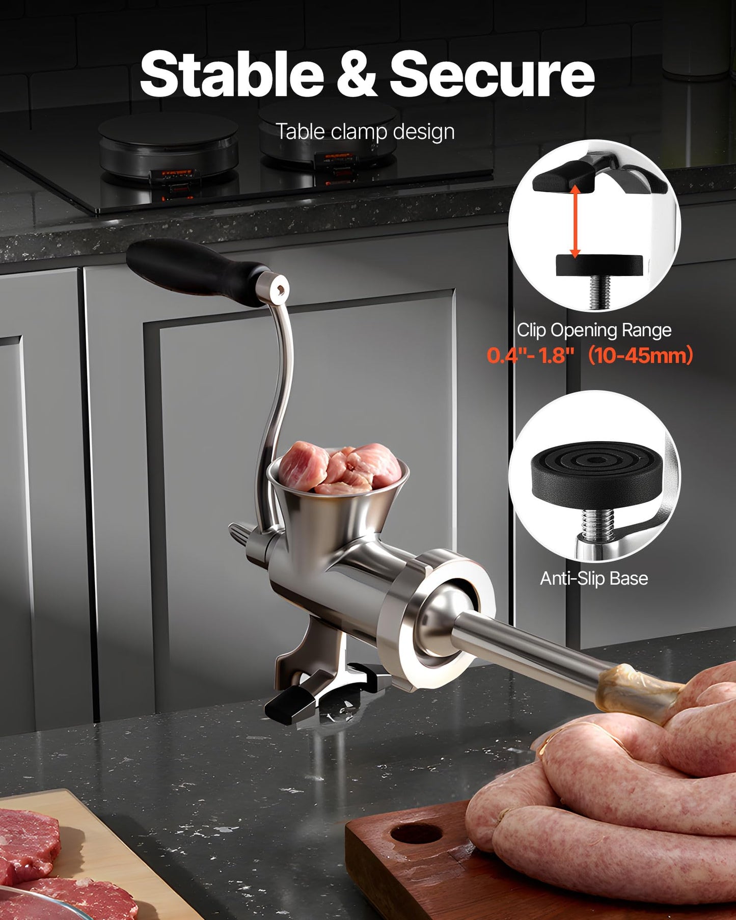 VEVOR Manual Meat Grinder, 304 Stainless Steel Hand Crank Meat Mincer with Steel Table Clamp, Sausage Stuffer with 2 Cutting Plates & Sausage Tube, Food Grinder for Beef Chili Pork Kitchen Tabletop