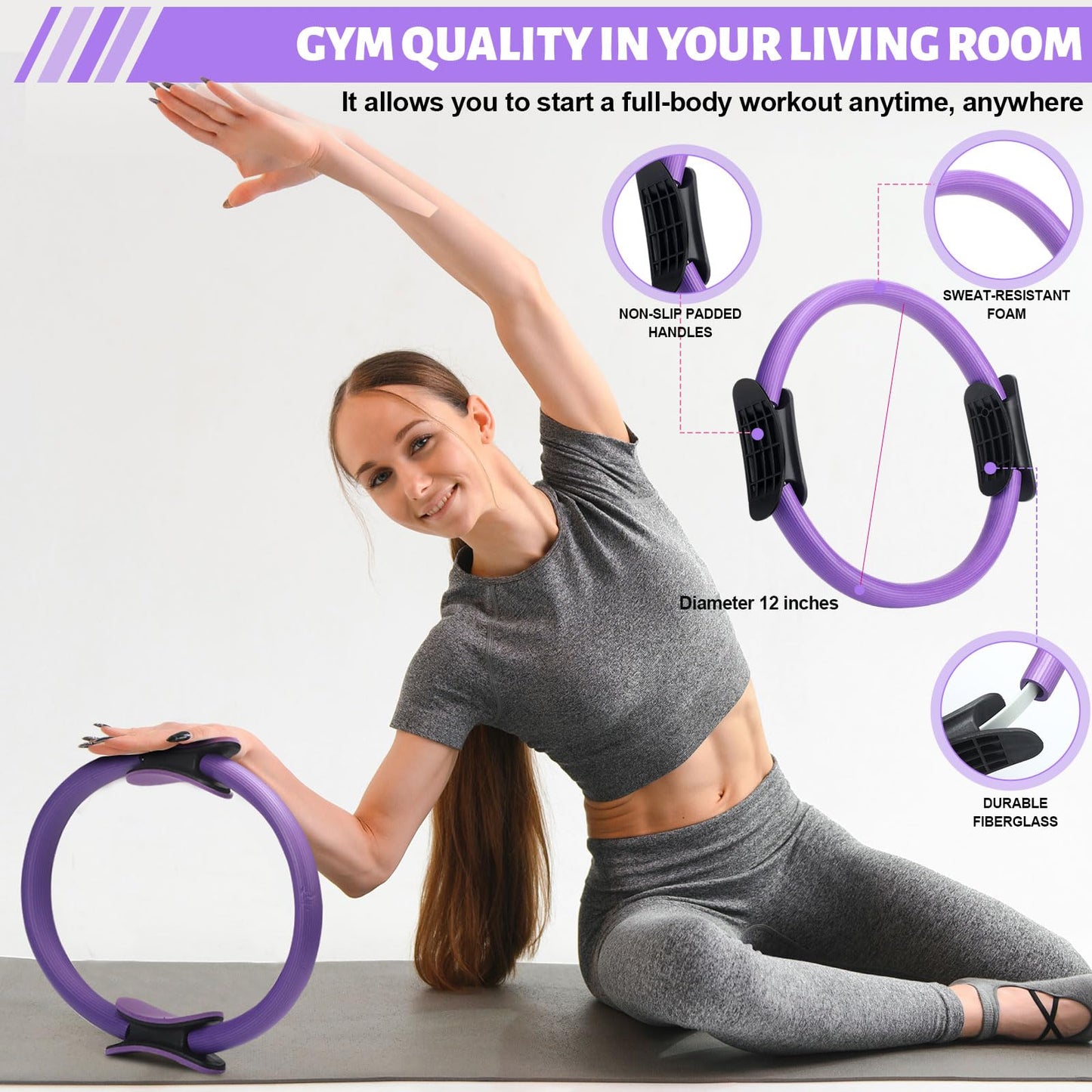 RoundFunny Pilates Ring Circle Set 18 Pcs Exercise Equipment Accessories for Women Workouts Pilates Ball Stretching Strap Magic Circle Yoga Ring Gym Back Bag Resistance Band Anti Slip Socks (Purple)