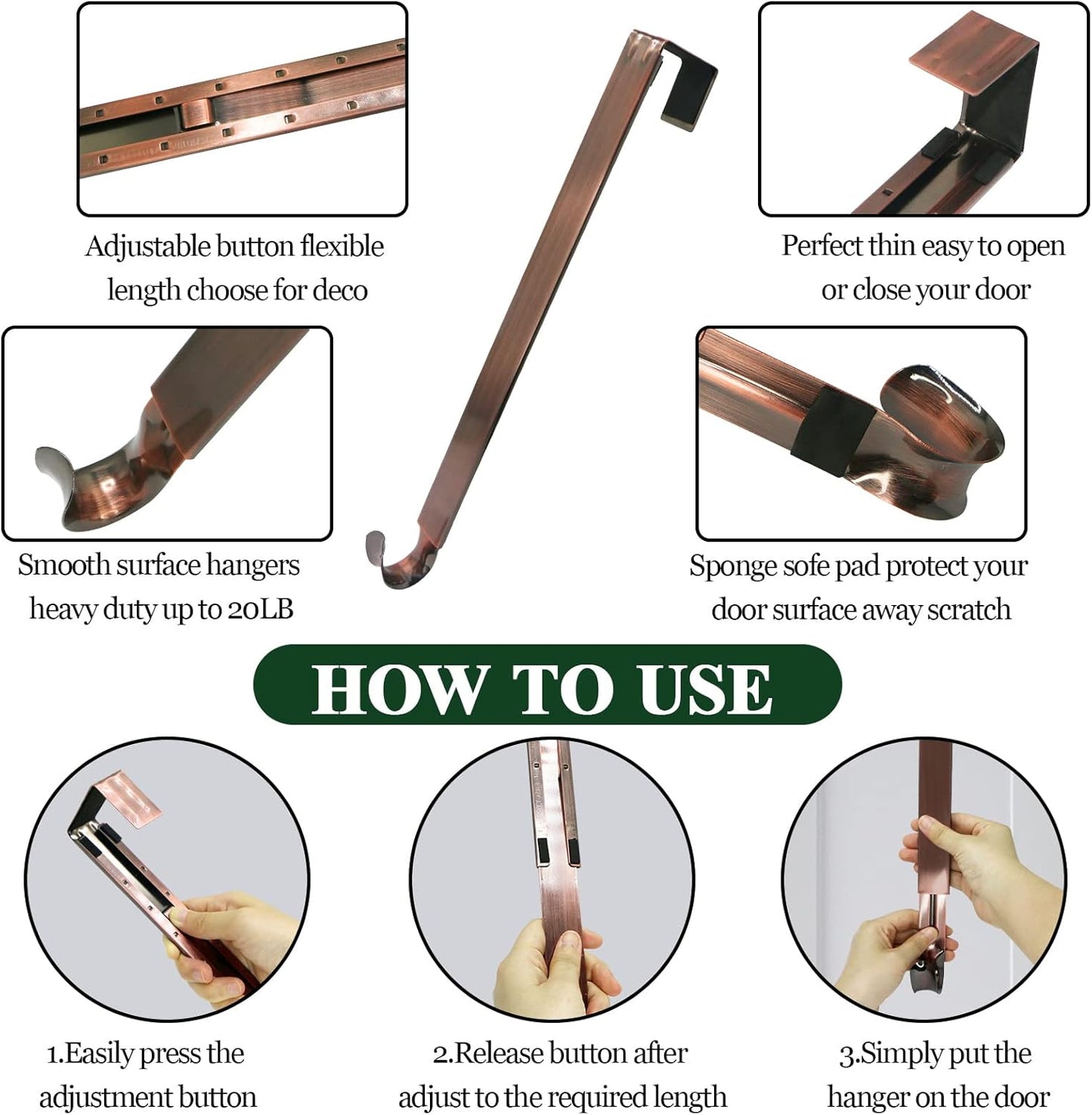 ZMCINER Wreath Hanger - Adjustable 15 to 25 Inch Hook for Front Door | Supports 20 lbs - Bronze Finish