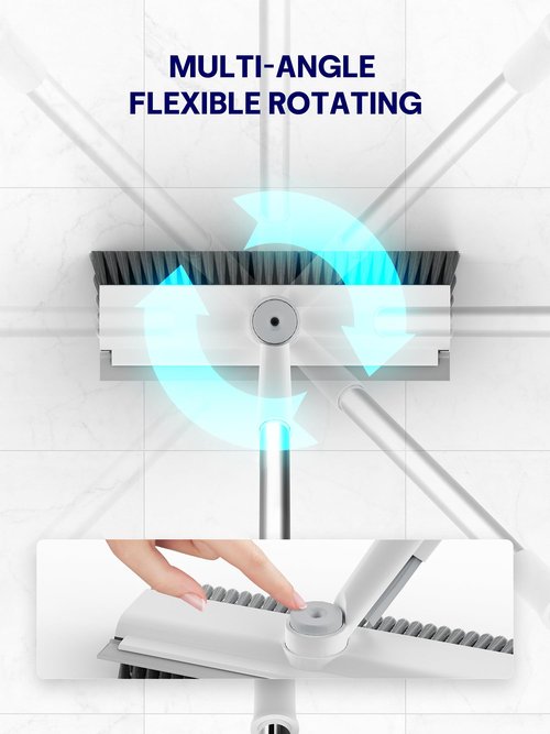 HelpX Floor Scrub Brush with Long Handle, 3 in 1 Scrape and Heavy-Duty Stiff Bristle Floor Scrubber Brush with Squeegee and Tweezer for Cleaning Tile Wall Deck Bathroom Patio Garage Kitchen (White)
