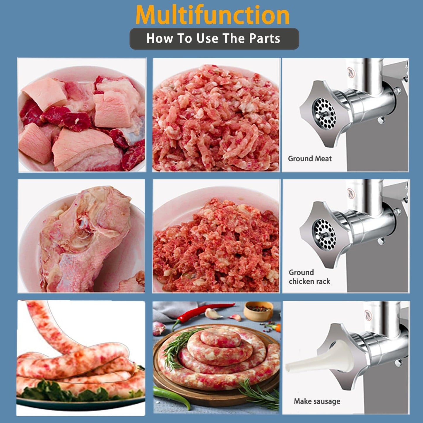 800W Commercial Electric Meat Grinder for Home and Restaurant, Heavy Duty Stainless Steel Mincer with Sausage Stuffer, 6mm/8mm Plates, Dual Blades, Food Processor for Meat, Poultry, Fish, Veg