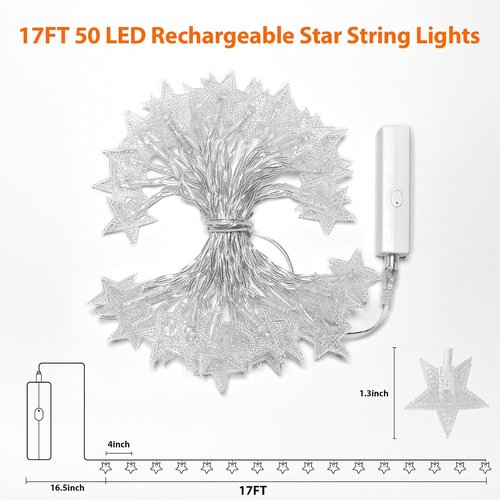 Lakumu Star String Lights - 17FT LED Fairy Lights with 50 Twinkling Stars & 8 Modes | Battery Operated Warm White Indoor Decor