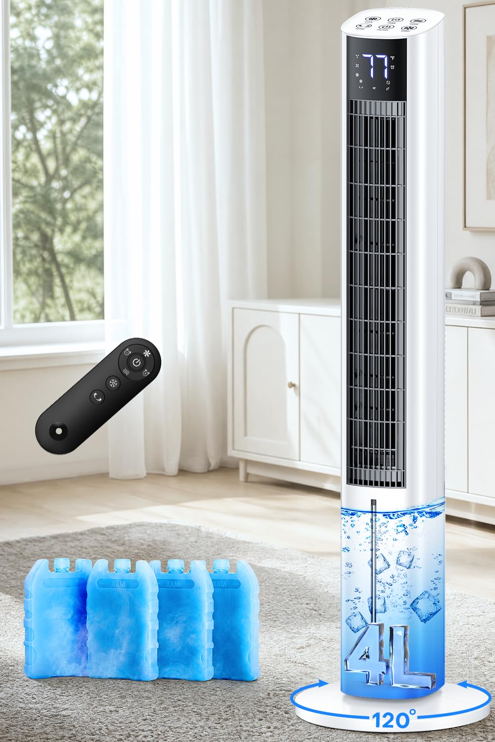 CENSTECH 45" Windowless Air Conditioner, Portable Swamp Cooler Air Conditioner w/3 Speeds Max 30 ft/s, 4Modes, 4L Tank & 12H Timer, 120°Oscillation, 20 Ft Remote Evaporative Air Cooler for Room Indoor