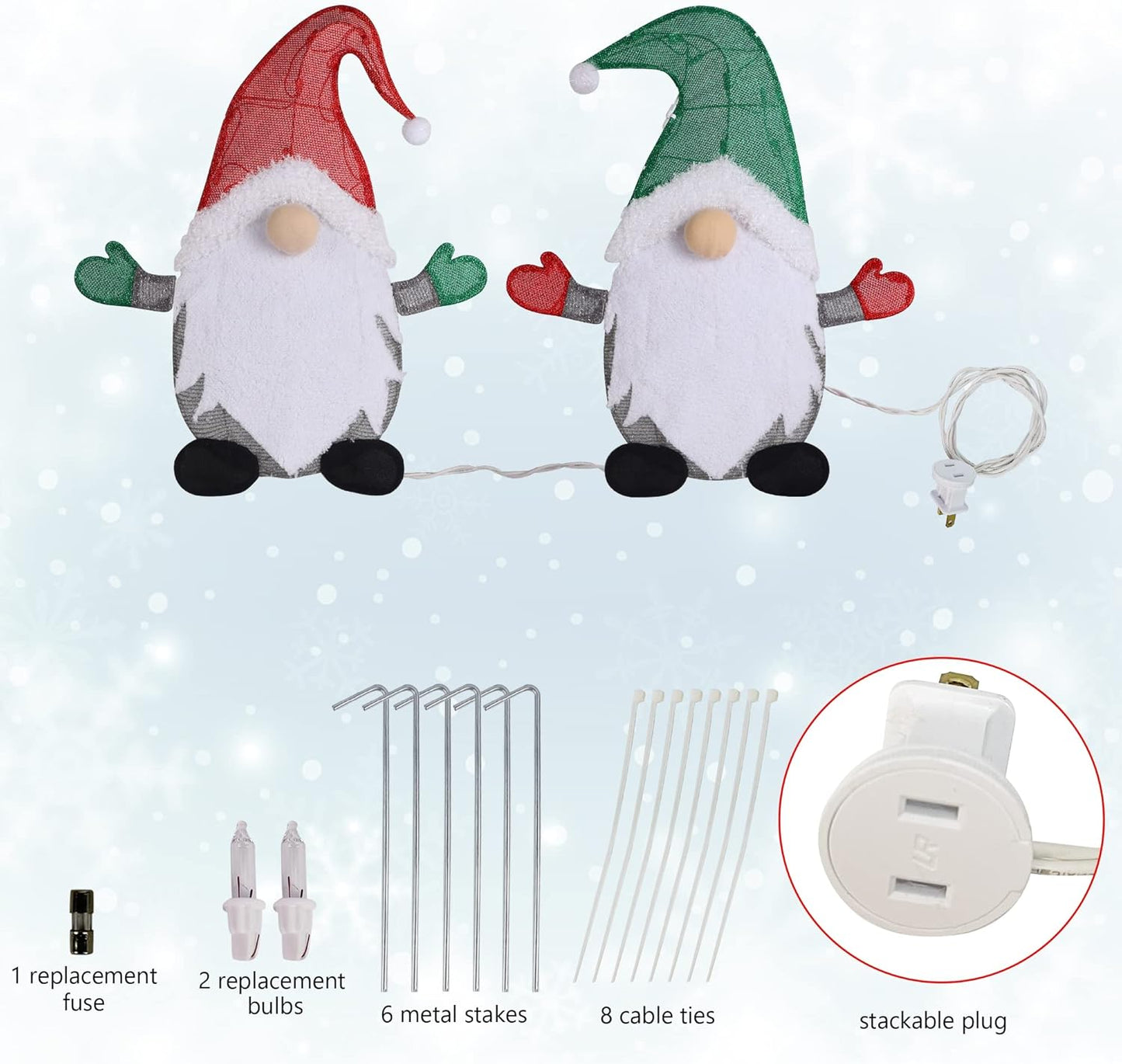 Waterglide Lighted Christmas Tinsel Gnomes - 24 Inch Pre-Lit 2D Stacked Gnome Decorations for Indoor/Outdoor Holiday Decor