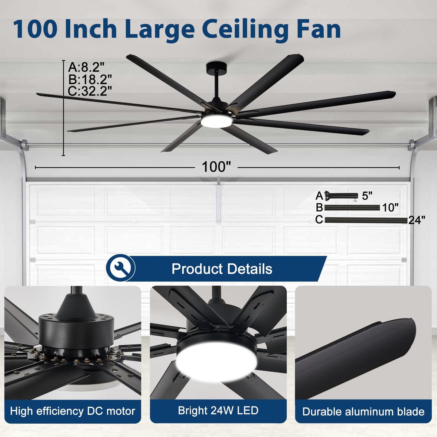 BvenuBigLite Large Ceiling Fan with Light: 100 Inch Outdoor Fan - Industrial Ceiling Fan with Remote for Shop Garage Patio Black