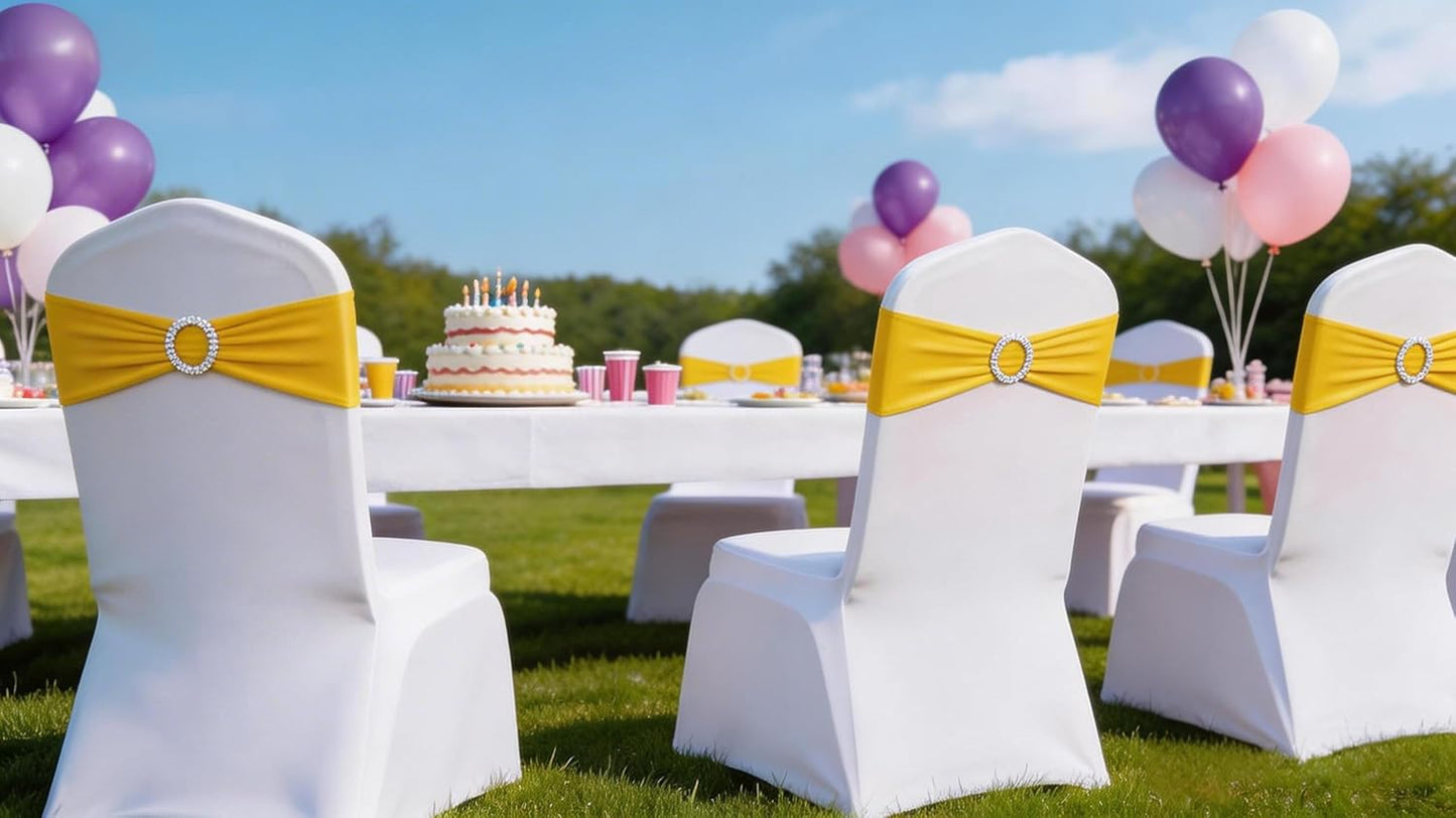 Skiennix Spandex Yellow Chair Sashes - Pack of 50 Elegant Bows with Buckles for Weddings & Events