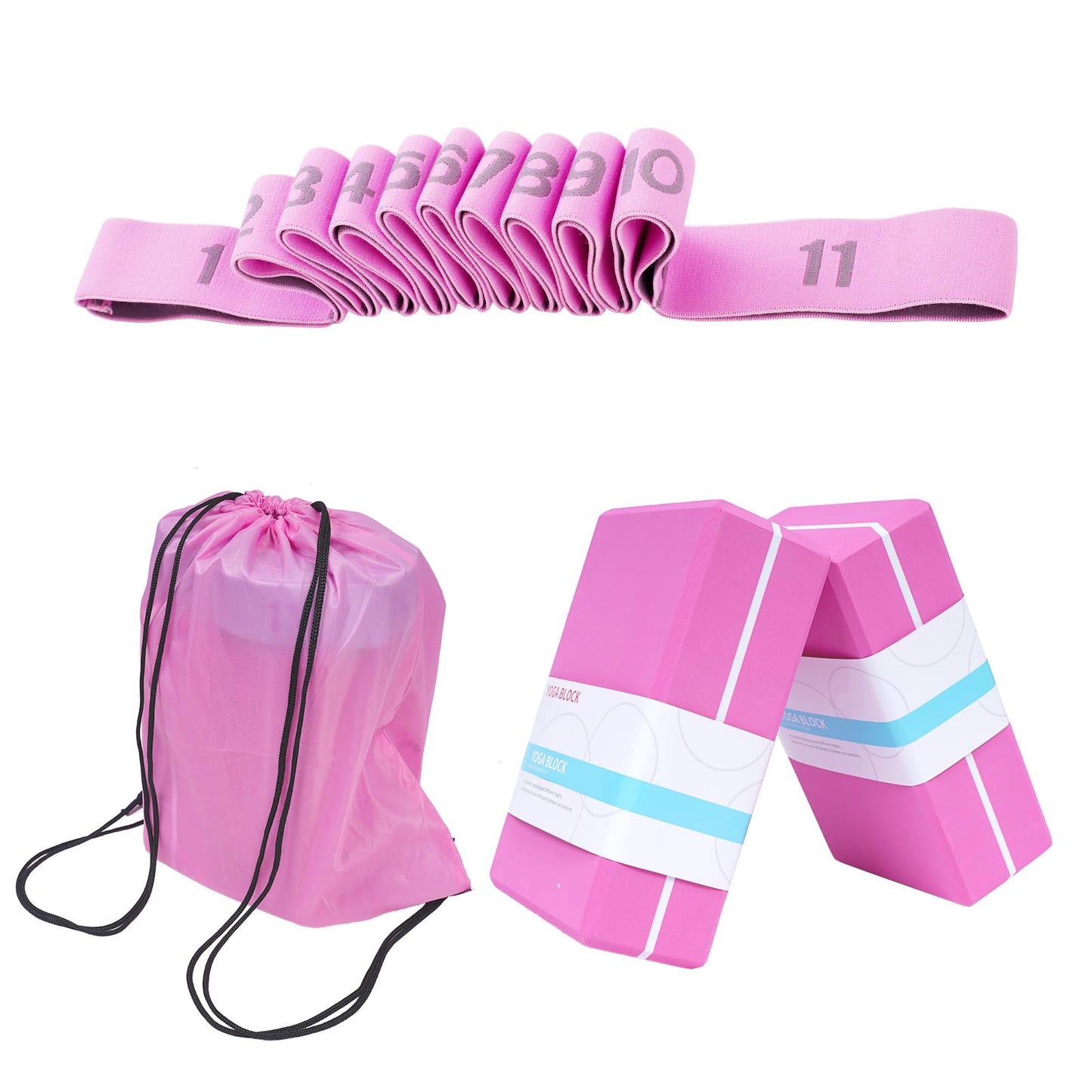 Yoga Blocks 2 Pack with Stretch Strap & Bag – High Density EVA Foam Yoga Block Set, Non Slip Bricks with 11 Loop Strap for Yoga, Pilates, Stretching, Fitness & Rehab (Pink Brick & Pink Band)