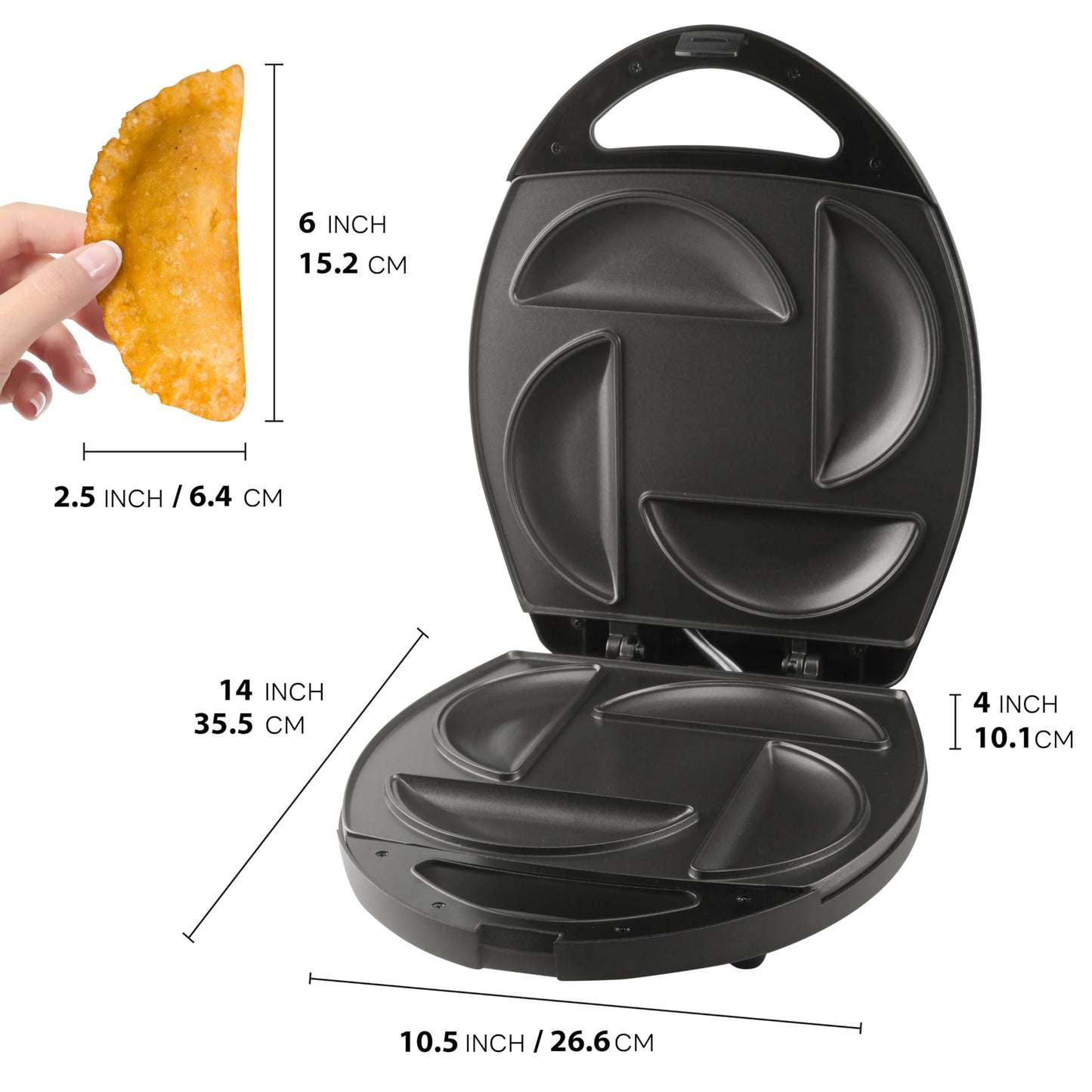 FineMade Electric Empanada Maker Machine with Press Mold,Large Dumpling Maker Press,Pierogi Maker Press Machine,Make 4 Psc of 6 Inches Large Empanadas,Jamaican Beef Patties,Calzones,Pocket Pies,Black