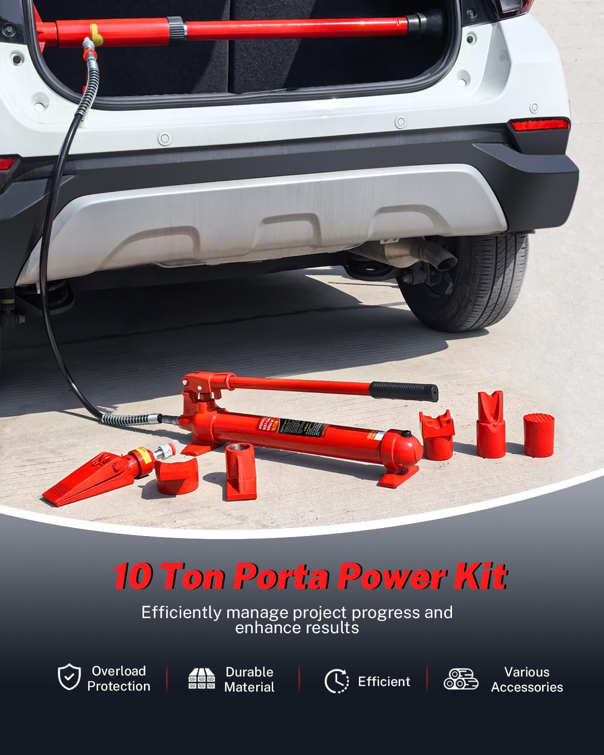 10 Ton Porta Power Hydraulic Jack Kit, 20000 LBS Heavy Duty Portable Hydraulic Ram Set with 17 Pcs Accessories & Carrying Case, for Auto Truck Farm Equipment Repair, Max Lift 5.1 Inch – Red