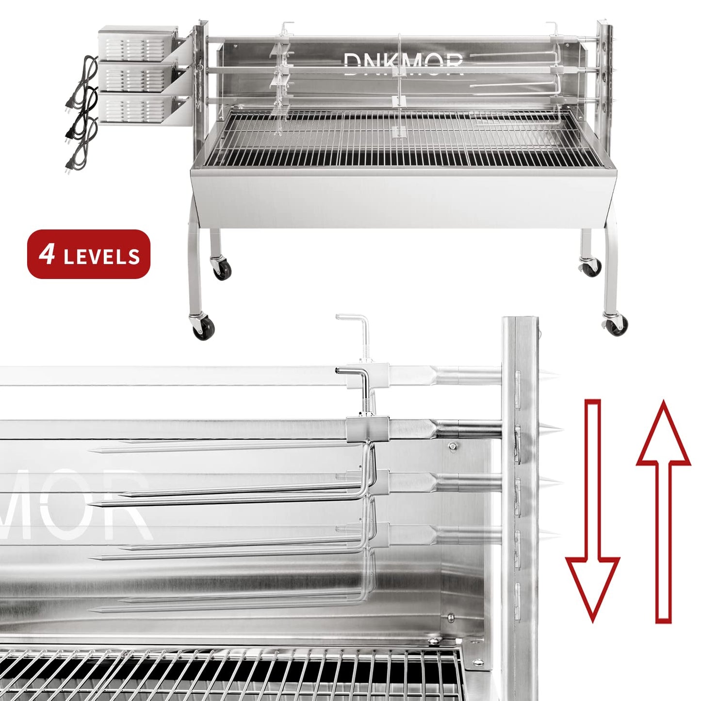 Rotisserie Grill Stainless Steel Charcoal Spit Roaster, 50" Pig Lamb Hooded Roaster Charcoal Spit with 30W Motor & Adjustable Height Lockable Casters for Outdoor Camping Party, Rated 150 LB