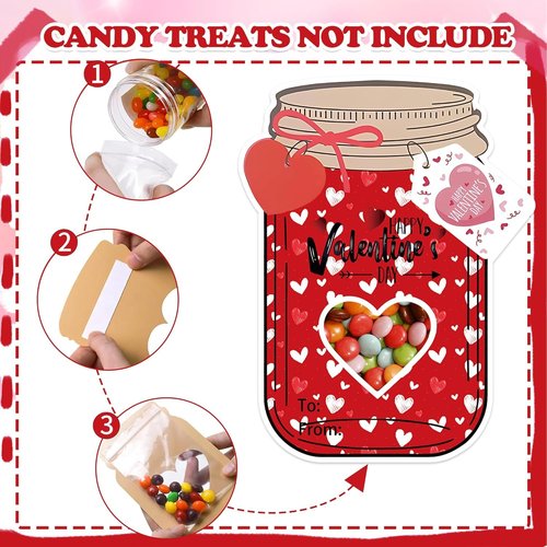 60Pack Valentines Cards for Kids,Mason Jar Happy Valentines Day Cards with 60Treat Bags DIY Valentine Exchange Cards for Boys Girls Toddler School Class Classroom Party Favors (Candy Not Included)