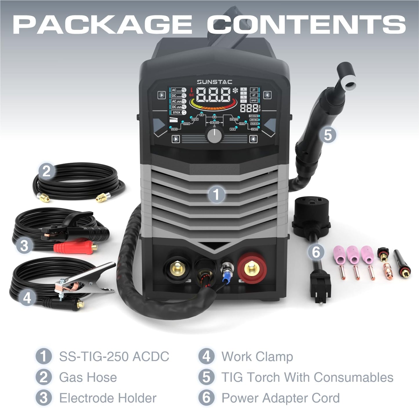 Sunstac 250A AC/DC Aluminum TIG Welder with Pulse, 110V/220V Dual Voltage TIG Welding Machine with DC TIG/AC TIG/Pulse TIG/SPOT TIG/Stick