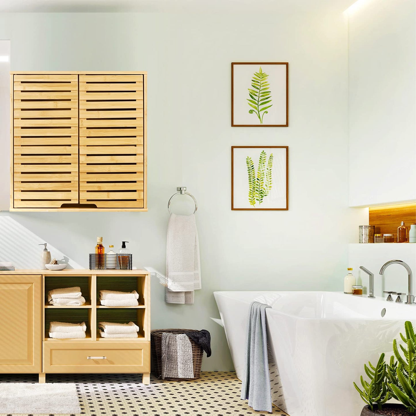 HYNAWIN Bathroom Wall Mounted Bamboo Storage Cabinet with Double Doors, 2-Tier Adjustable Shelf, Over Toilet Organizer for Bathroom, Kitchen, Entryway