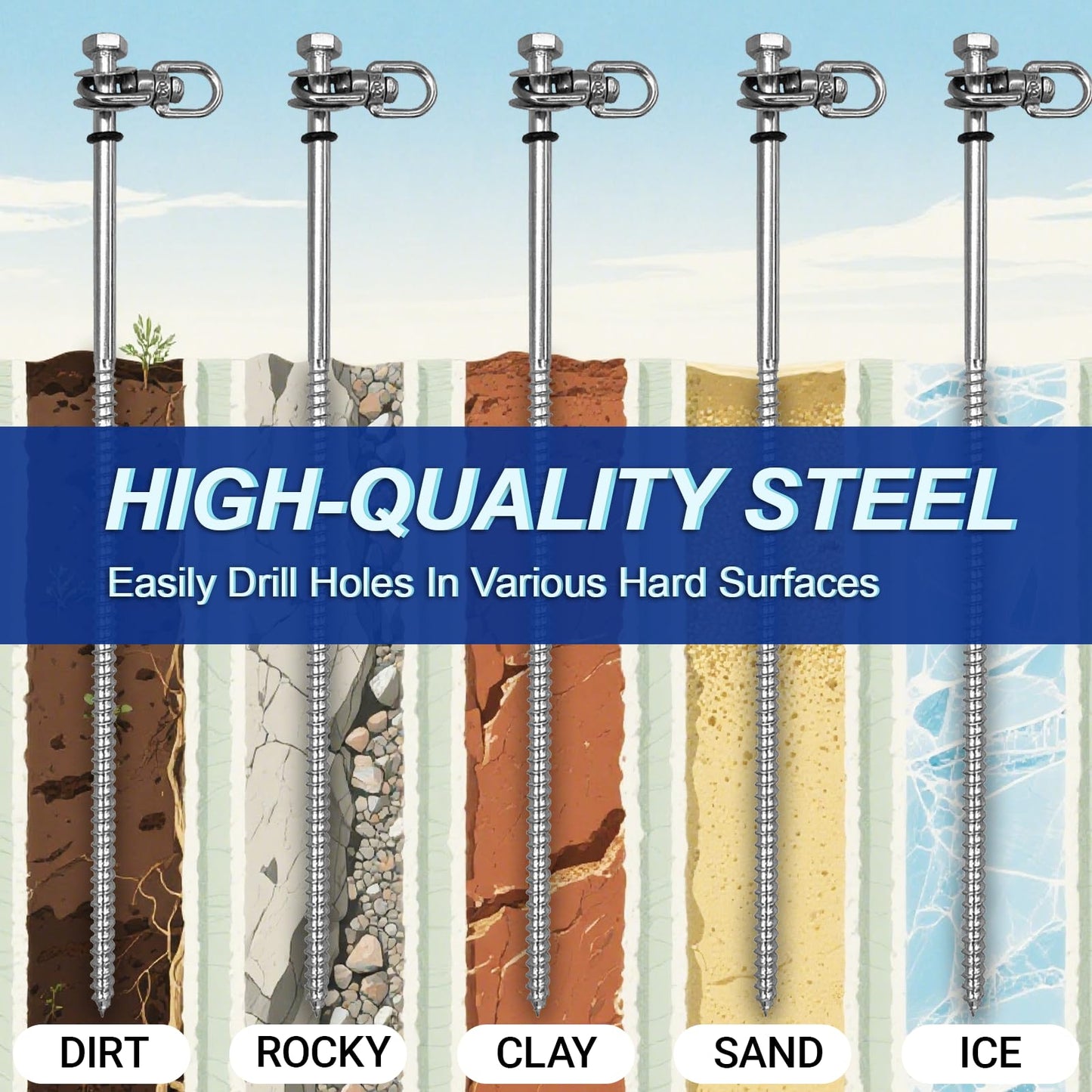 Nexonty 12 Inch Steel Screw in Tent Stakes,8 Pack Tent Stakes Heavy Duty,Ground Anchors Screw in,Trampoline Anchor Kit,Swing Set Anchors,Metal Threaded Camping Stakes with Hex Head Driver&Storage Bag