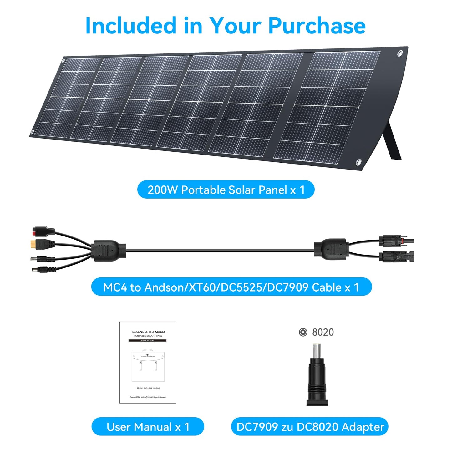 Ecosonique 200W Portable Solar Panel for Power Stations, Foldable & Lightweight with Kickstand, USB-C PD3.0 & USB-A QC3.0, MC4 & Multi-Output for Solar Generators, RVs, Camping, and Outdoor Use