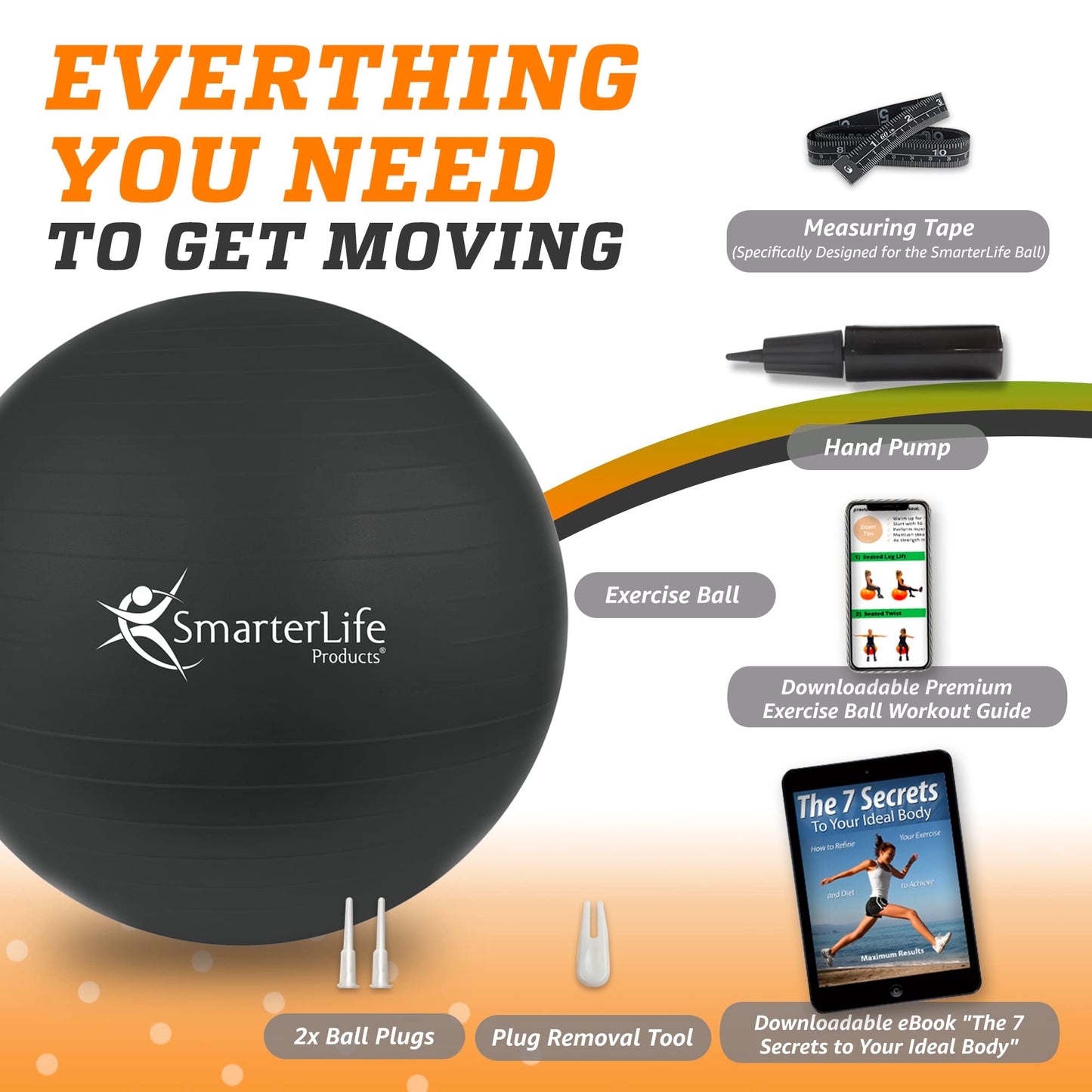 SmarterLife Exercise Ball Yoga Ball for Fitness, Balance, Stability, or Pregnancy, Gym Ball for Core Workout, Physical Therapy, Yoga Ball Chair for Office, Anti-Slip Anti-Burst (45 cm, Black)