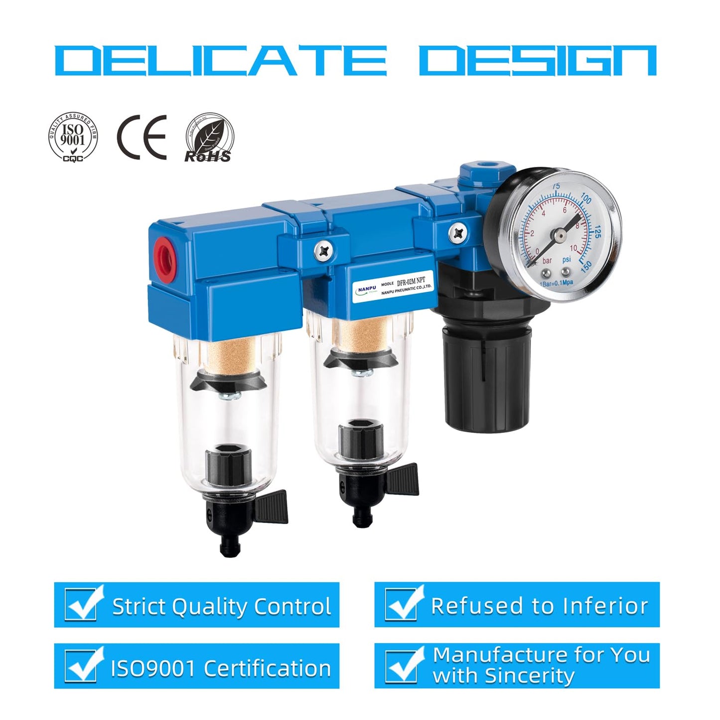 NANPU 1/4" NPT Air Drying System - Double Air Filters, Air Pressure Regulator Combo - Manual Drain, Poly Bowl - DFR-02M