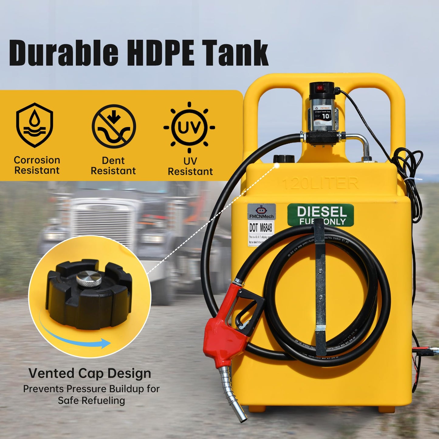 FMCNMech 32 Gallon Diesel Transfer Tank with 12V Electric Pump, 10 GPM Flow, Portable Diesel Fuel Caddy with Auto Shut-off Nozzle & Wheels, Heavy-Duty Diesel Tank for Trucks, Tractors and Construction Equipment