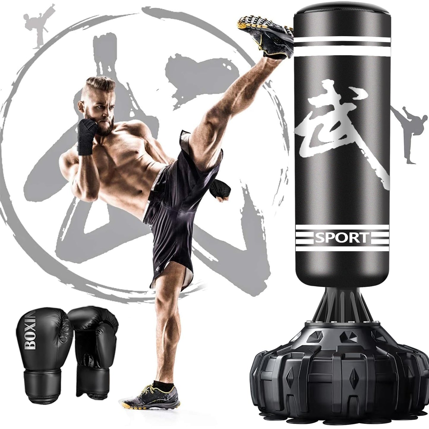 Freestanding Punching Bag, Heavy Boxing Bag with Stand for Adult Youth - Men Standing Boxing Punch Bag for Home Gym Workout (Black Armed 70'' with Boxing Gloves and Wrist Guard)