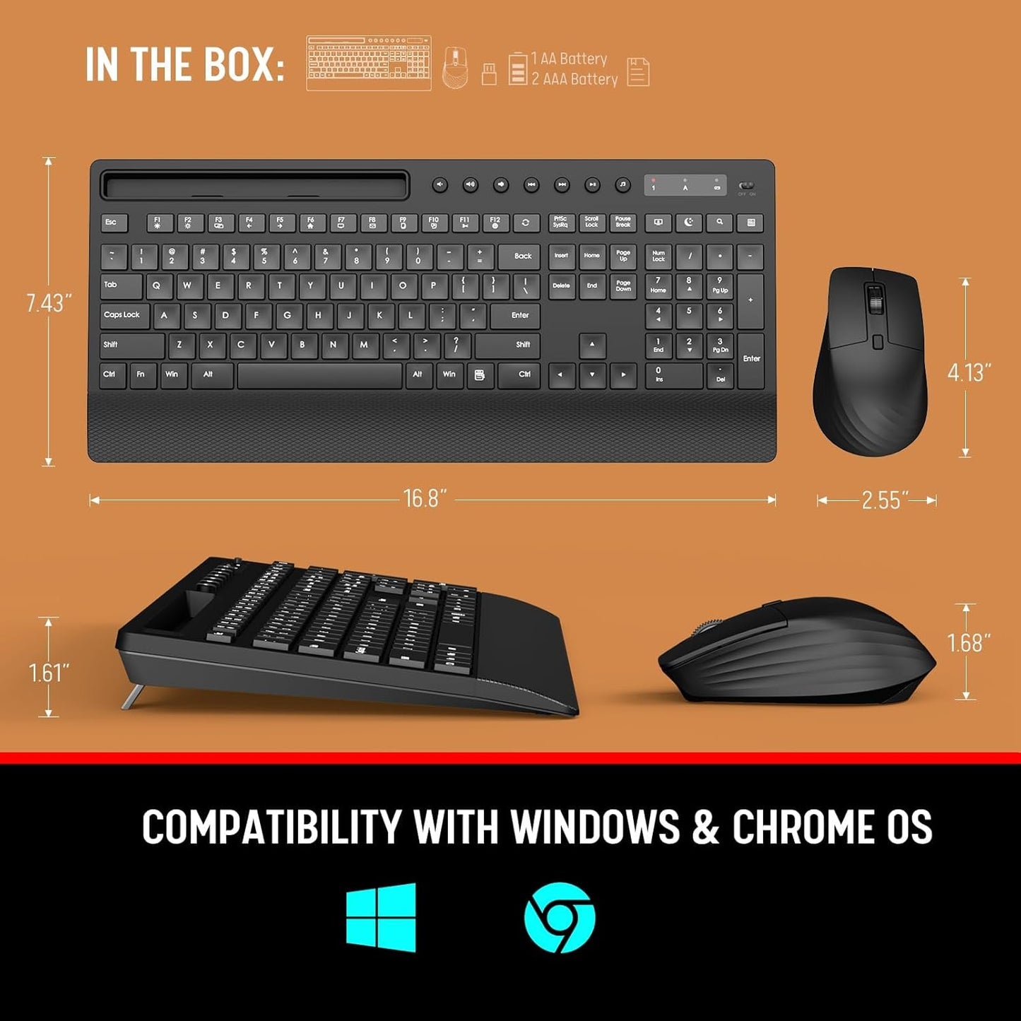 Trueque KM31 Wireless Keyboard and Mouse Combo - Full-Size Quiet Typing with Palm Rest, Phone Holder, Multimedia Keys
