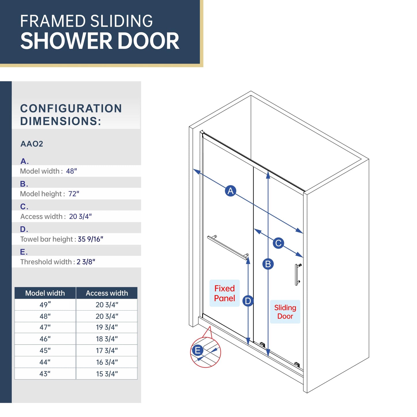 FELYL Sliding Shower Door 43-48" W x 72" H, Chrome Finish, Single Sliding Door, Clear Glass, Framed, 1/4" (6mm) SGCC Tempered Glass, Reversible Installation