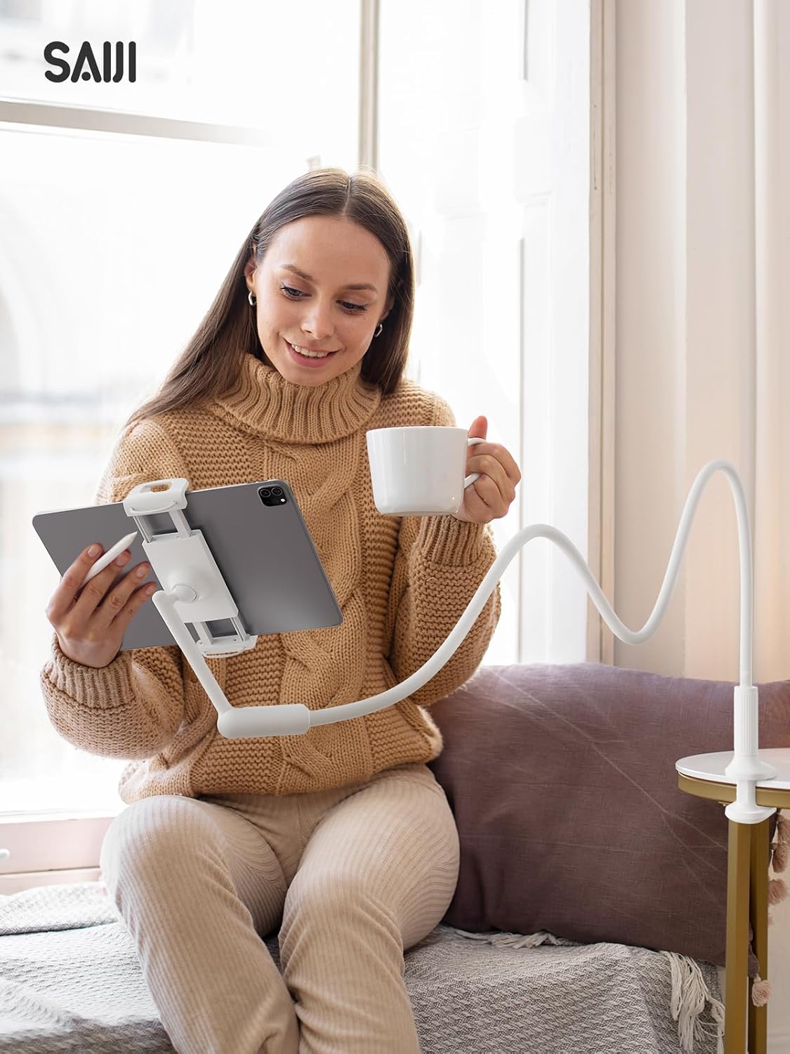SAIJI 47" 4.7-13" Gooseneck Tablet Holder for Bed, One-Hand Adjustable, Length, Upgraded Base, iPad Holder Stand