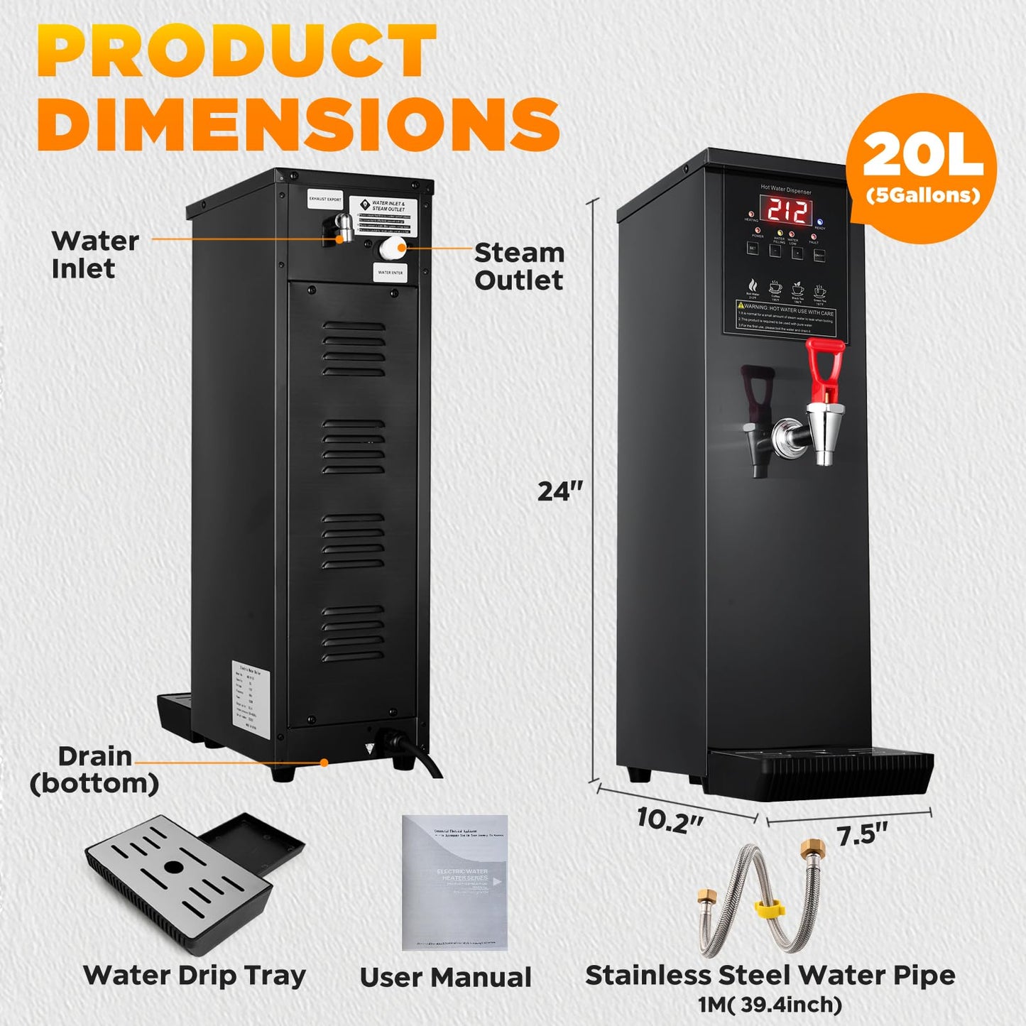 Commercial Hot Water Dispenser 30L/Hour Hot Water Boiler Countertop Auto-filling Water Hot Water Machine Step-heating 104-212°F Adjustable for Boba Tea Office Restaurant Hotel Black 1500W