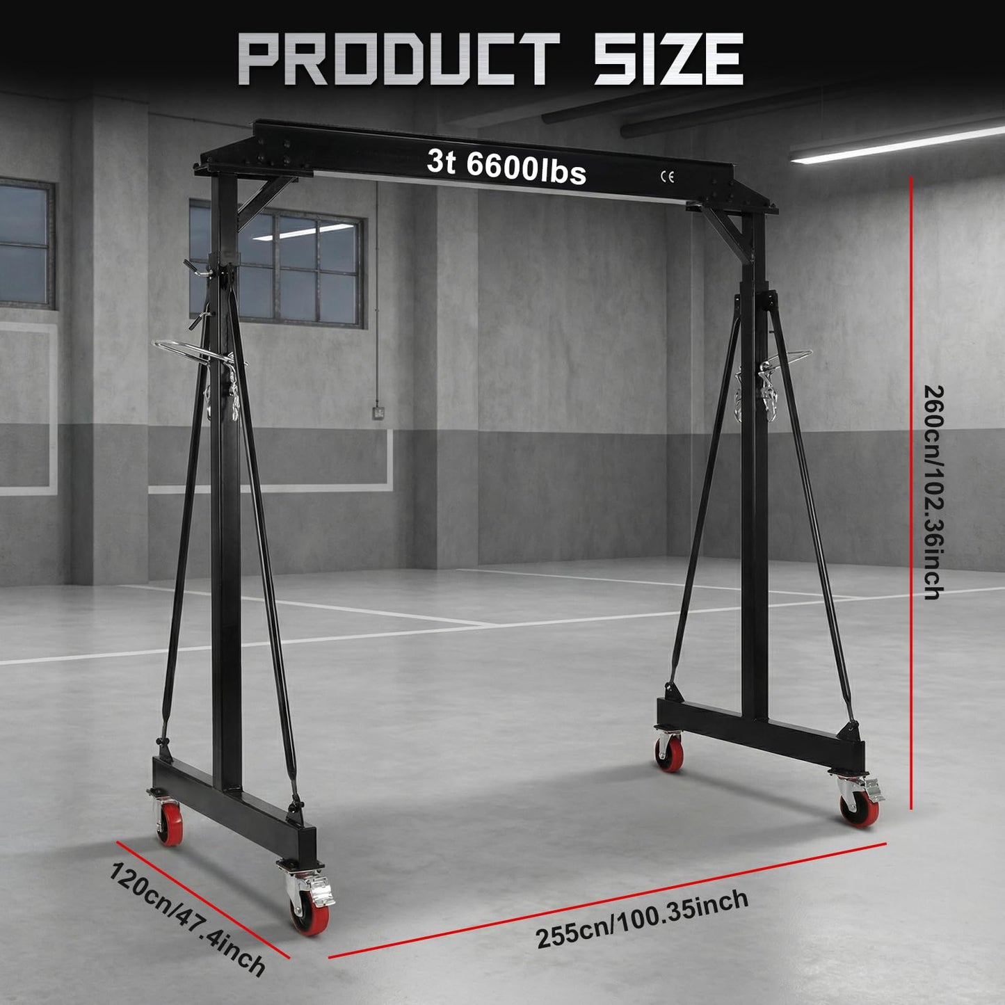 3 Ton 6600 LBS Gantry Crane, Portable Shop Hoist with Wheels, Adjustable Height 8.5-12.5 FT, Heavy Duty Steel I-Beam Gantry Crane with Trolley for Warehouse, Factory, Auto Repair & Construction